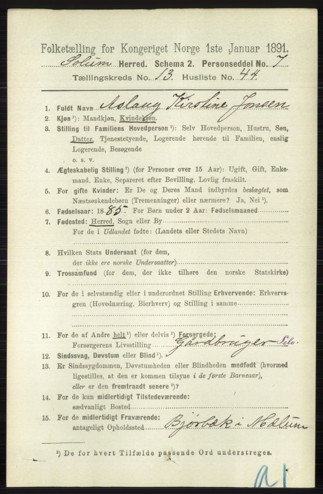 RA, 1891 census for 0818 Solum, 1891, p. 6281