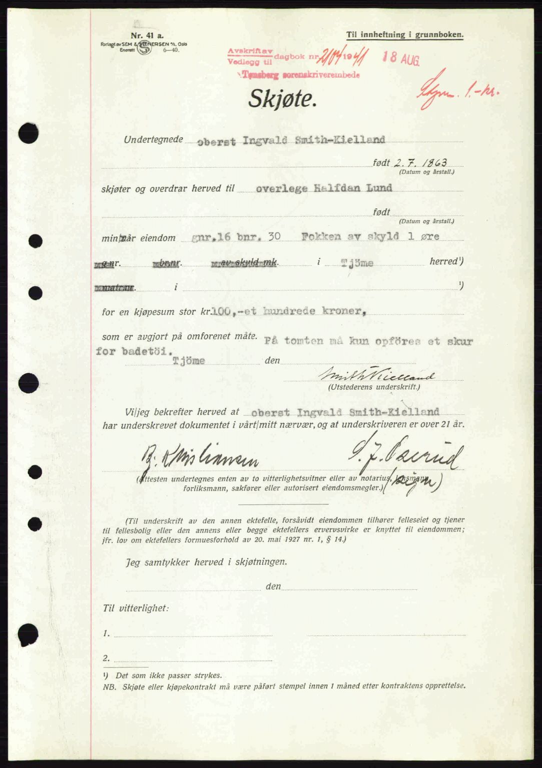 Tønsberg sorenskriveri, AV/SAKO-A-130/G/Ga/Gaa/L0010: Mortgage book no. A10, 1941-1941, Diary no: : 2104/1941