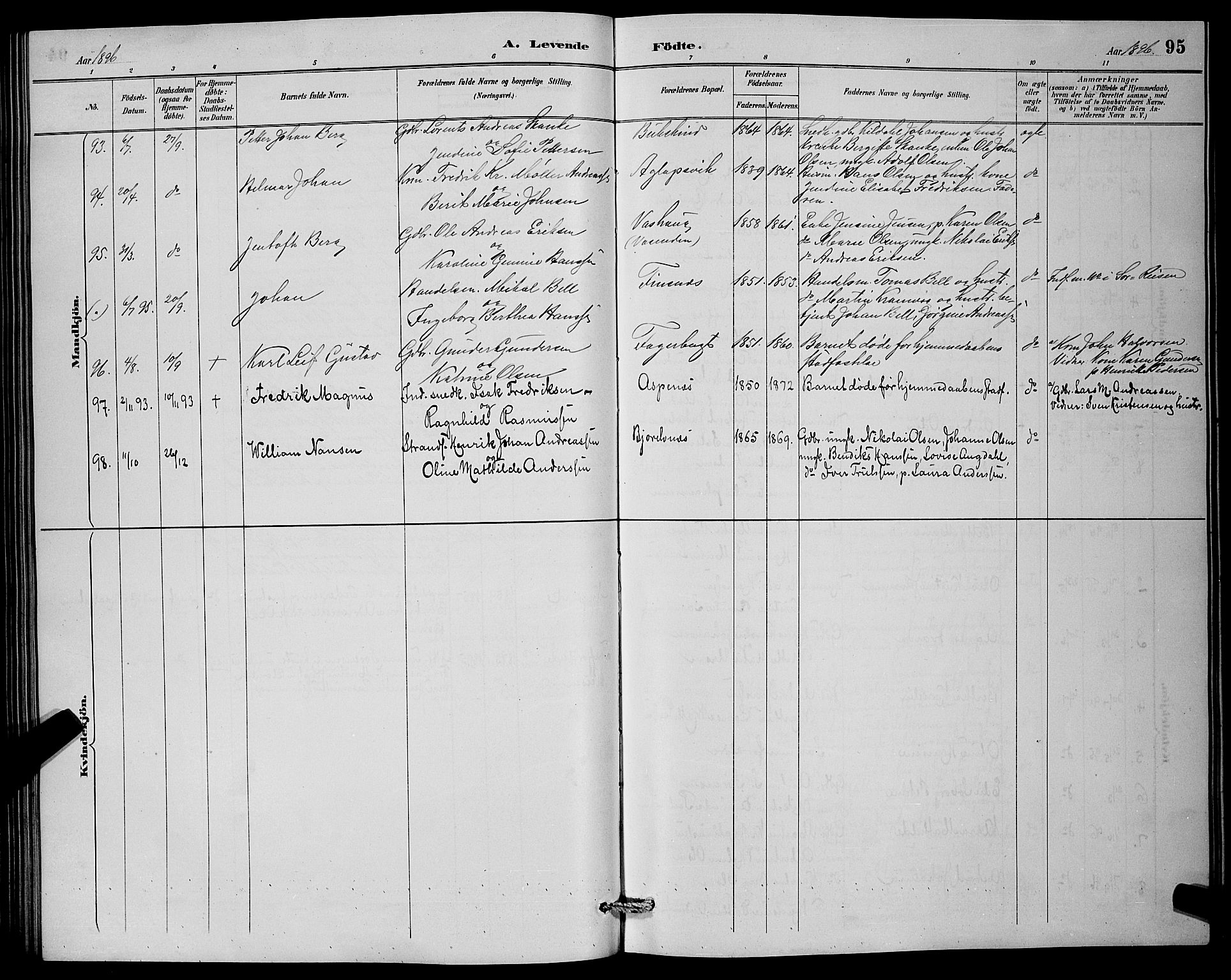 Lenvik sokneprestembete, SATØ/S-1310/H/Ha/Hab/L0007klokker: Parish register (copy) no. 7, 1890-1898, p. 95