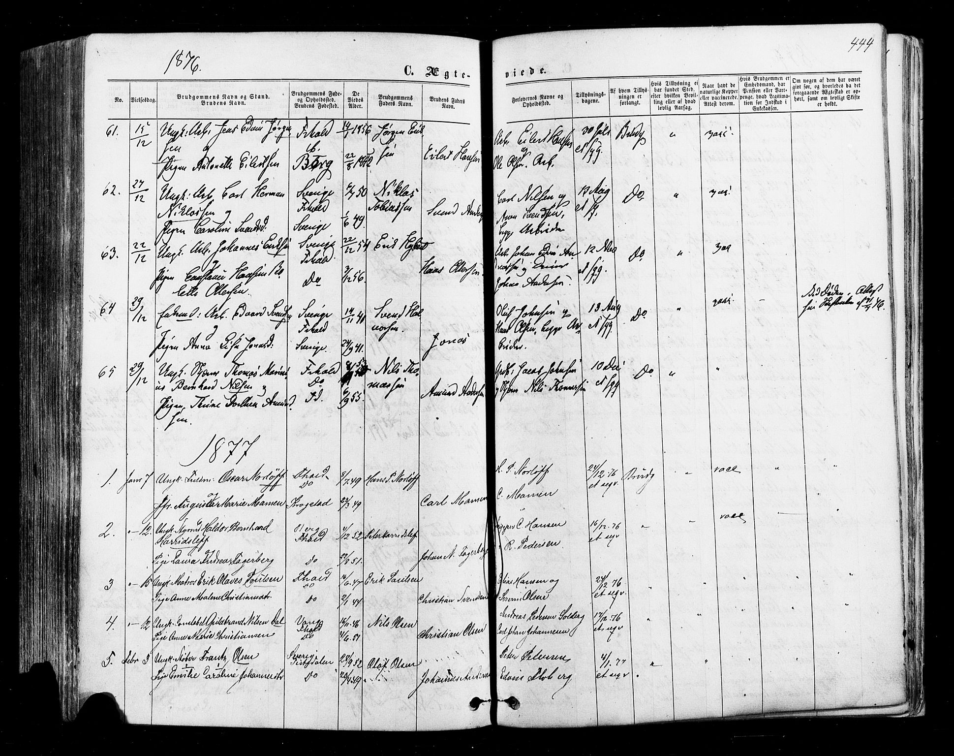 Halden prestekontor Kirkebøker, SAO/A-10909/F/Fa/L0009: Parish register (official) no. I 9, 1866-1877, p. 444