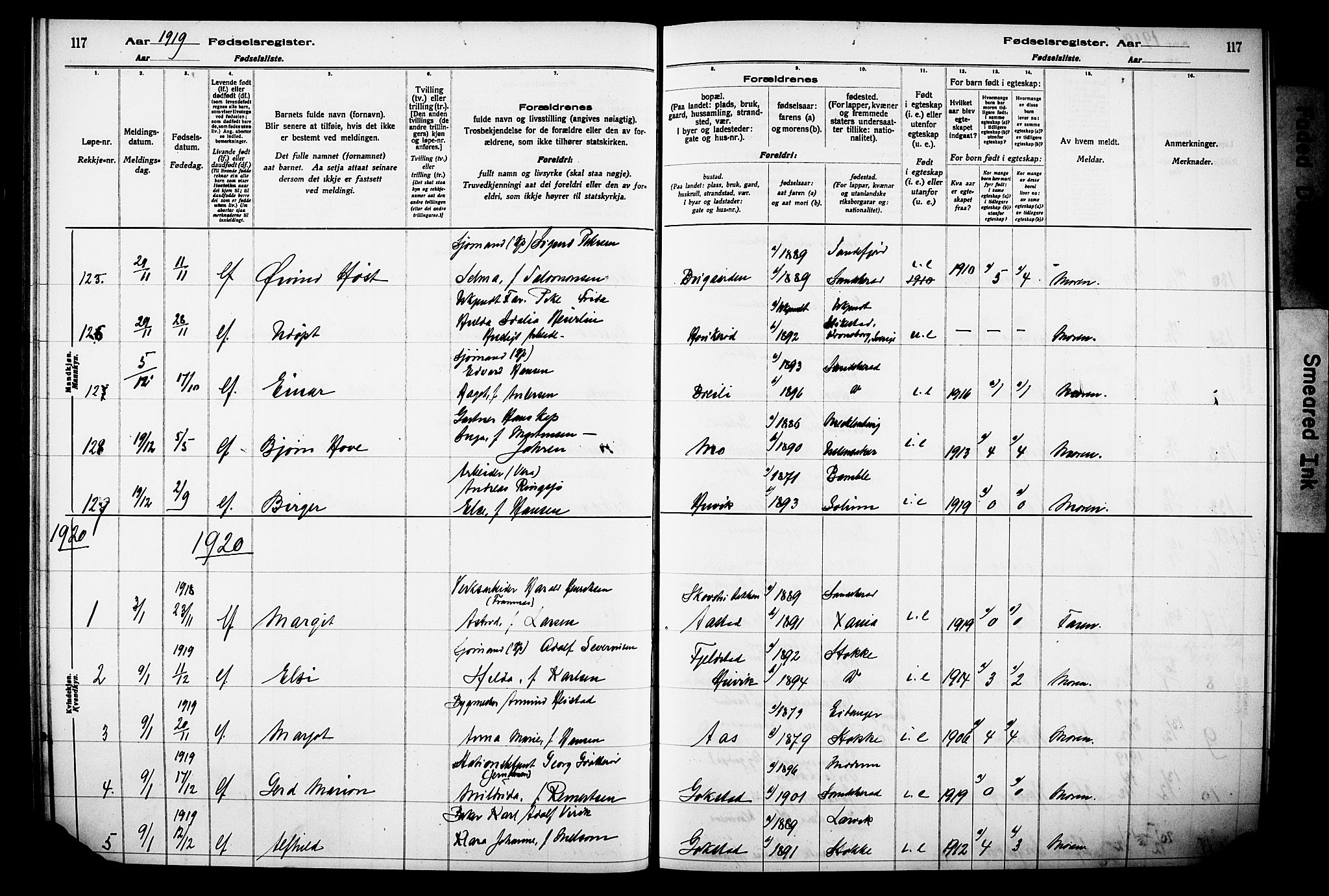 Sandar kirkebøker, AV/SAKO-A-243/J/Ja/L0001: Birth register no. 1, 1916-1922, p. 117