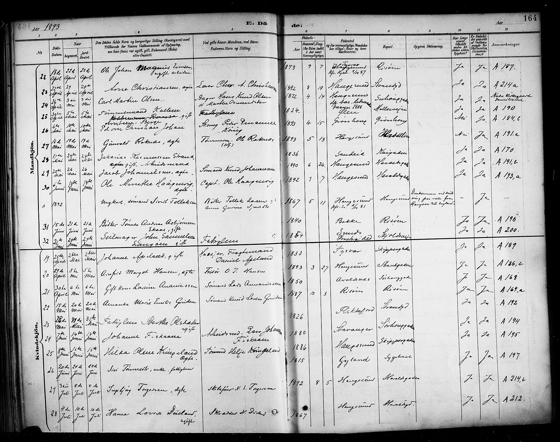 Haugesund sokneprestkontor, AV/SAST-A -101863/H/Ha/Haa/L0005: Parish register (official) no. A 5, 1891-1903, p. 164