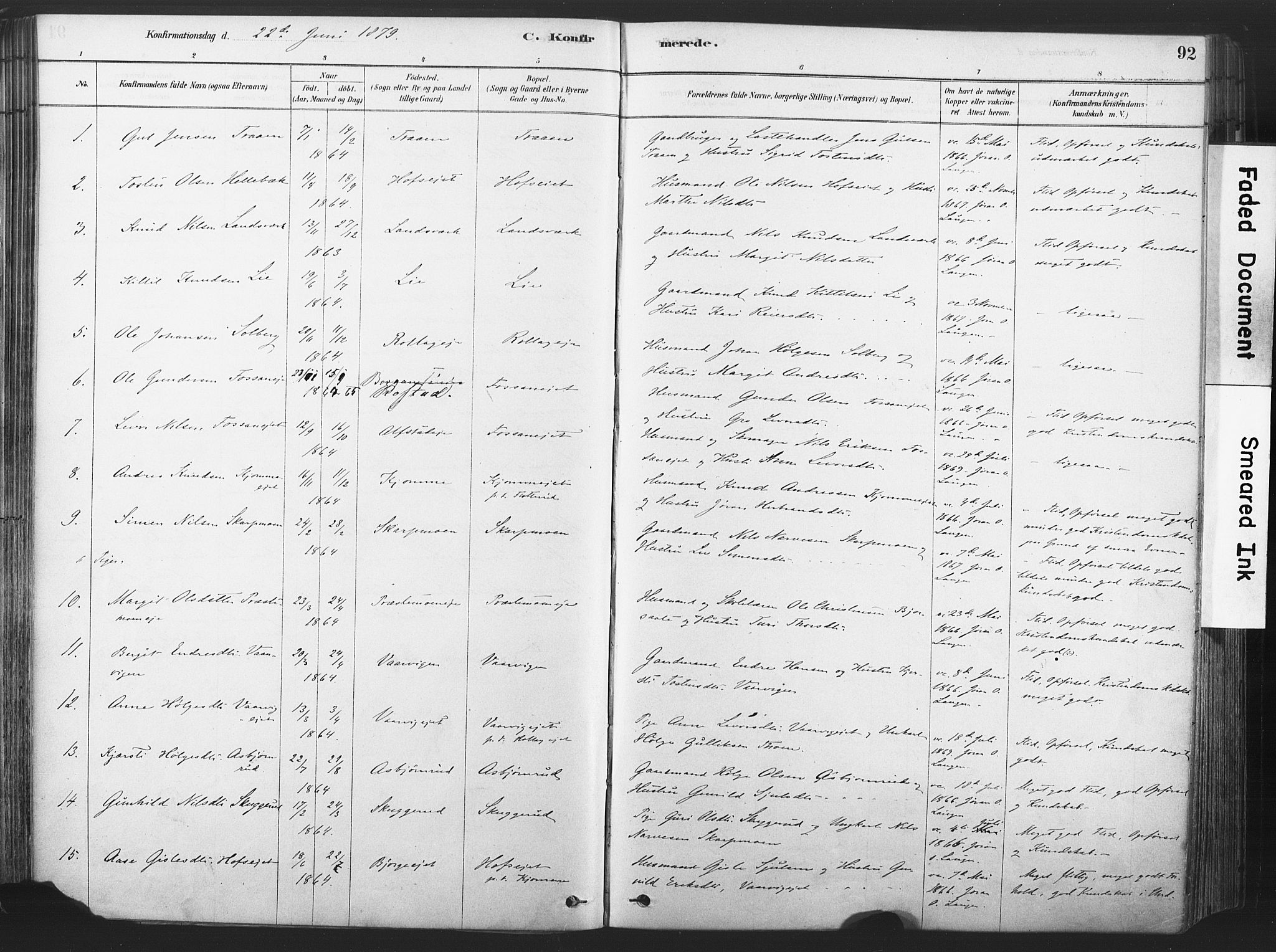Rollag kirkebøker, SAKO/A-240/F/Fa/L0011: Parish register (official) no. I 11, 1878-1902, p. 92