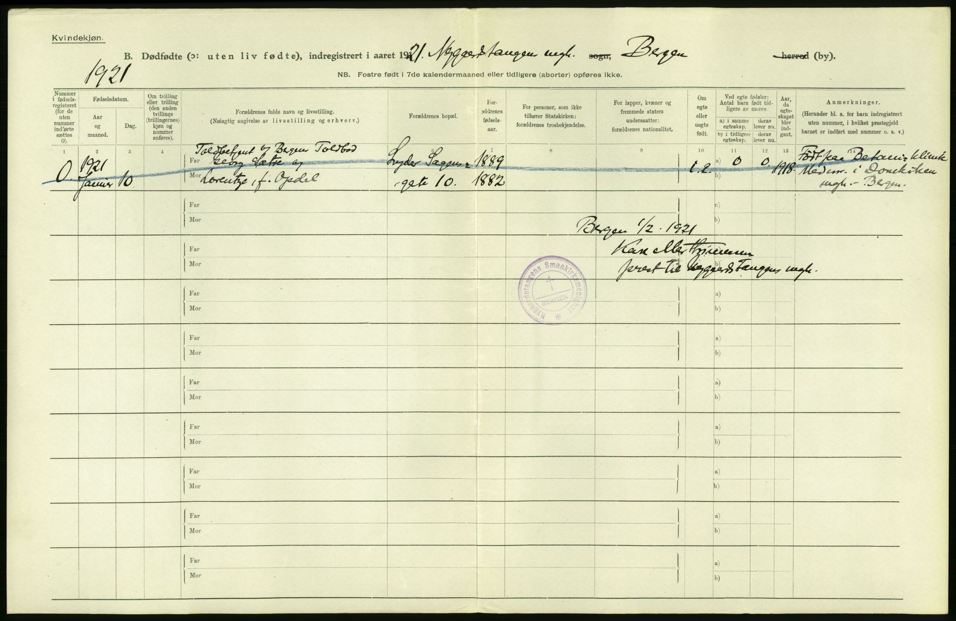 Statistisk sentralbyrå, Sosiodemografiske emner, Befolkning, AV/RA-S-2228/D/Df/Dfc/Dfca/L0035: Bergen: Gifte, dødfødte., 1921, p. 306