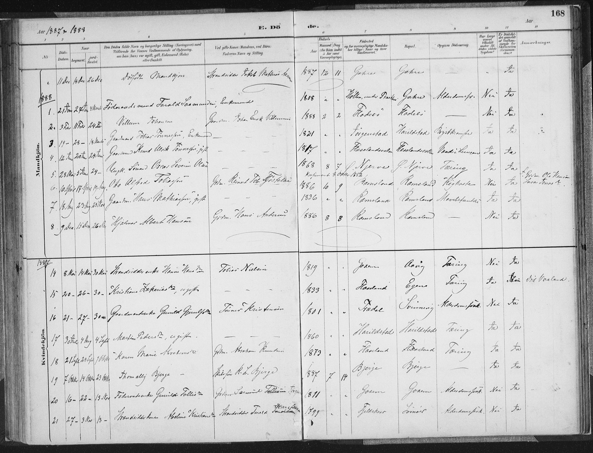 Sør-Audnedal sokneprestkontor, SAK/1111-0039/F/Fa/Faa/L0004: Parish register (official) no. A 4, 1884-1909, p. 168