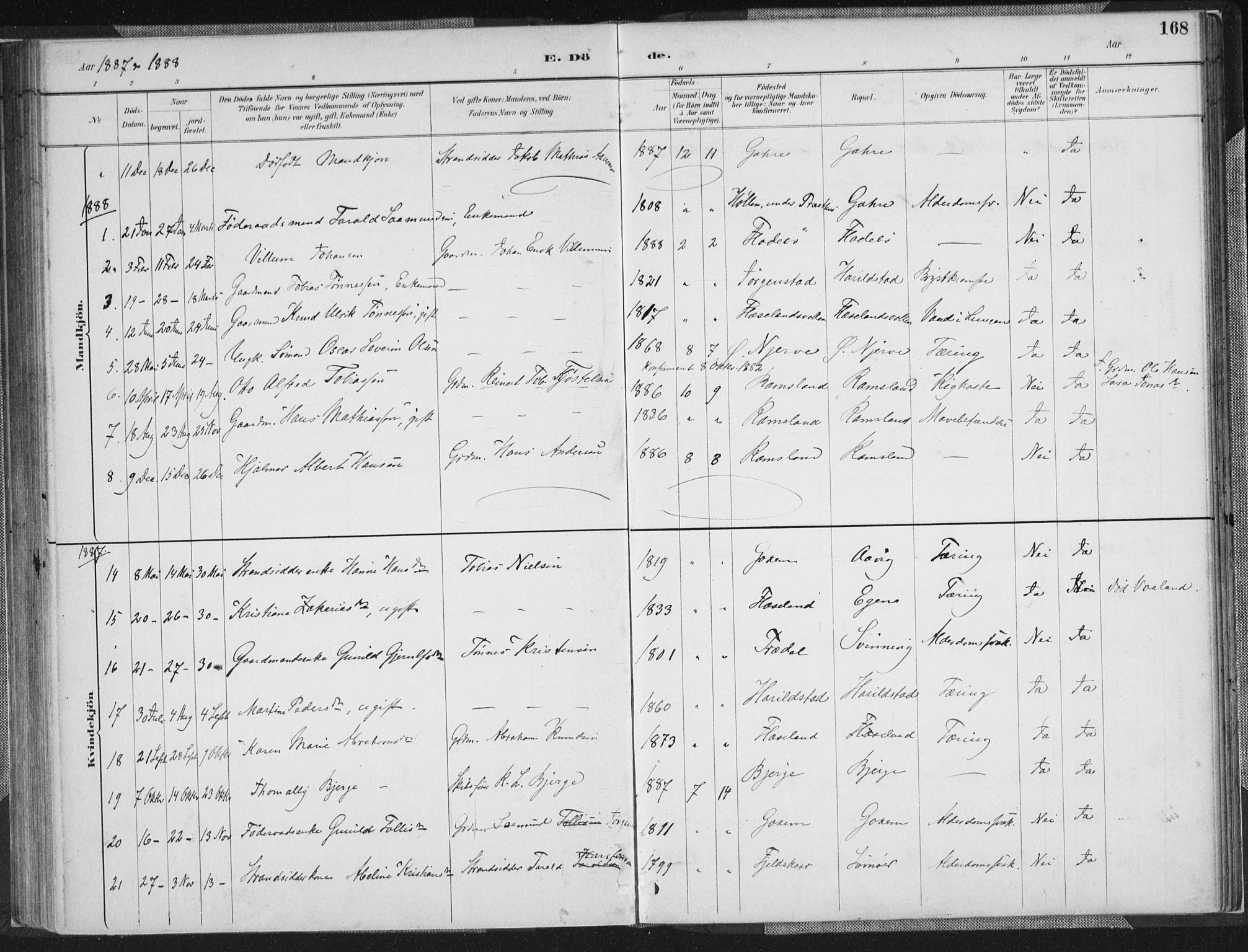 Sør-Audnedal sokneprestkontor, AV/SAK-1111-0039/F/Fa/Faa/L0004: Parish register (official) no. A 4, 1884-1909, p. 168