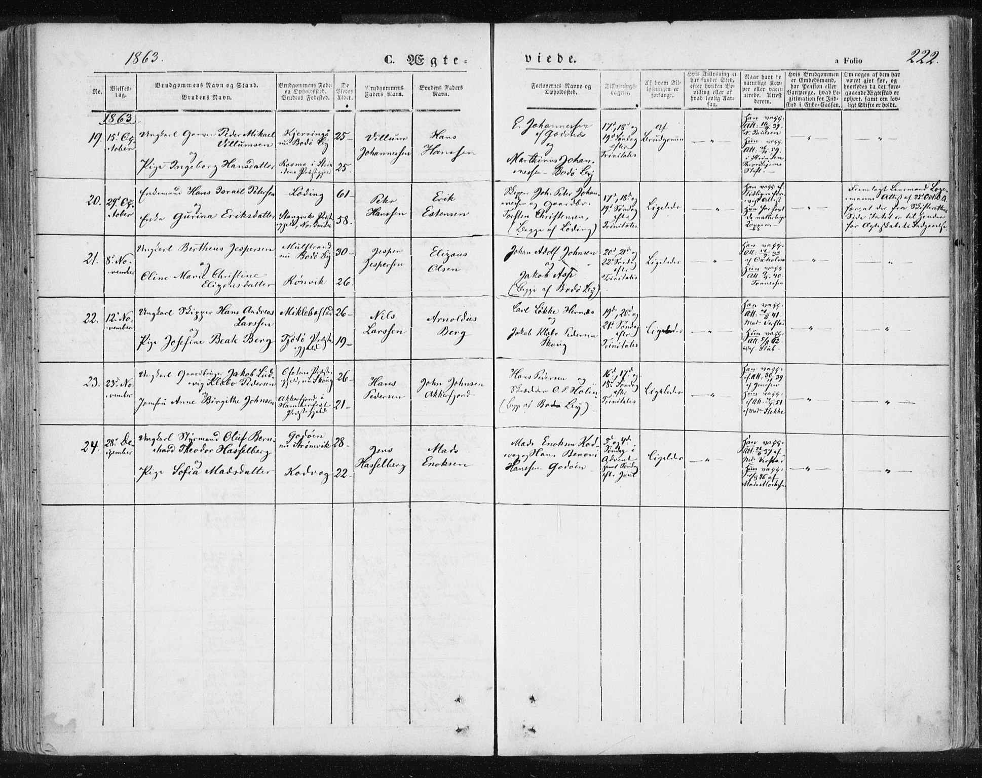 Ministerialprotokoller, klokkerbøker og fødselsregistre - Nordland, SAT/A-1459/801/L0007: Parish register (official) no. 801A07, 1845-1863, p. 222