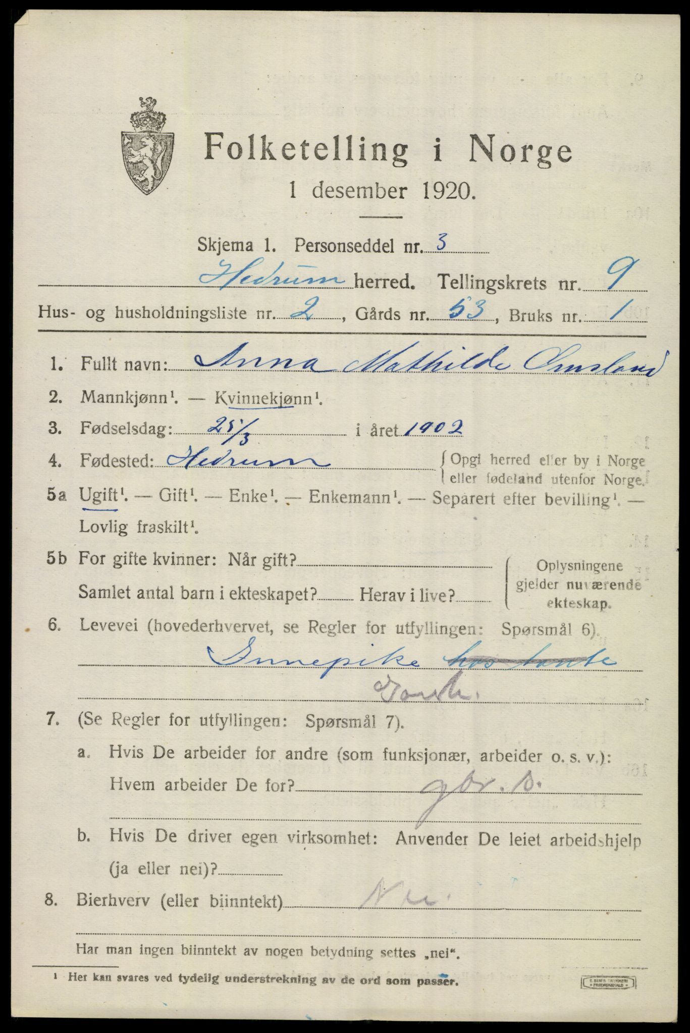 SAKO, 1920 census for Hedrum, 1920, p. 6821