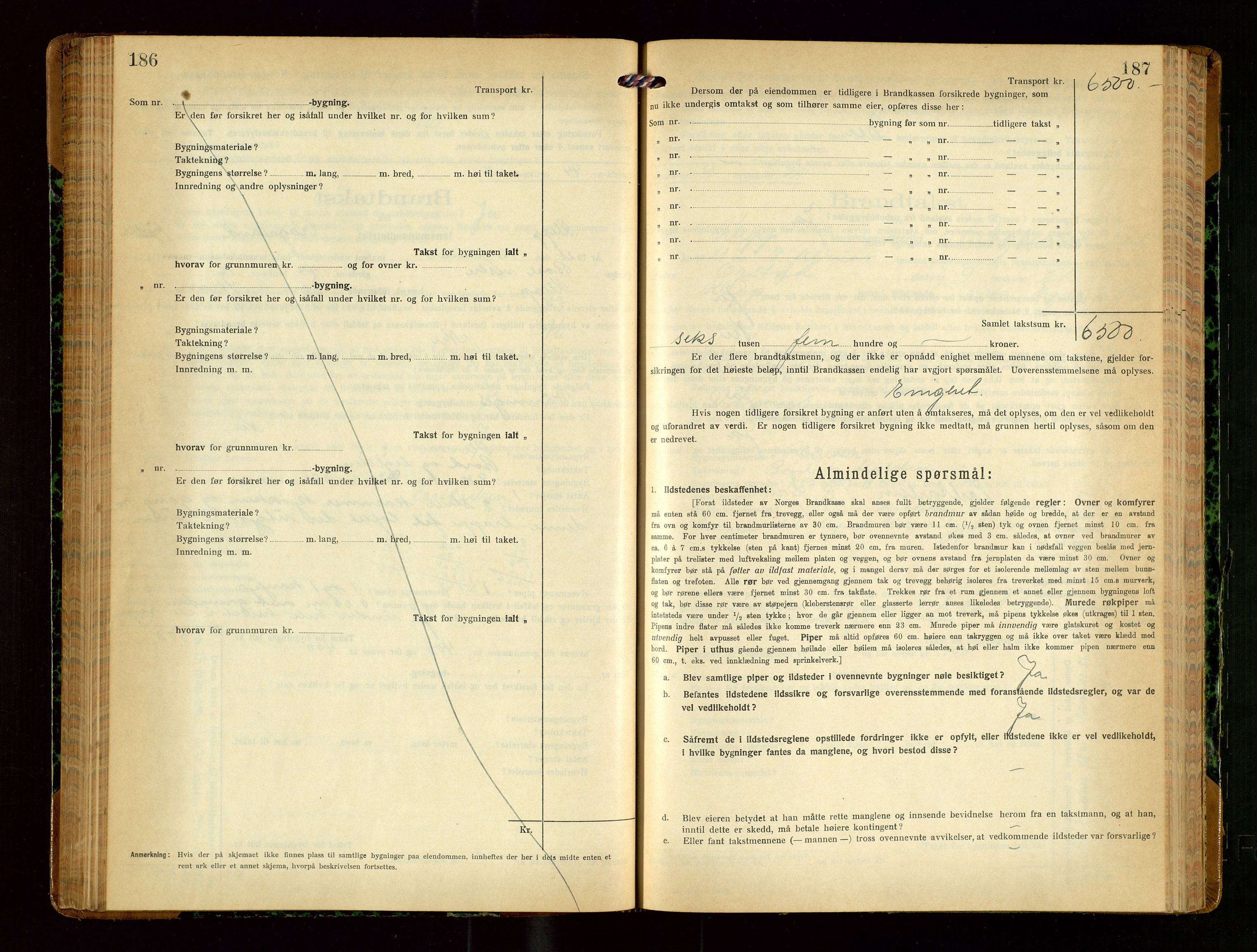Klepp lensmannskontor, AV/SAST-A-100163/Goc/L0010: "Brandtakstprotokoll" m/register, 1919-1924, p. 186-187