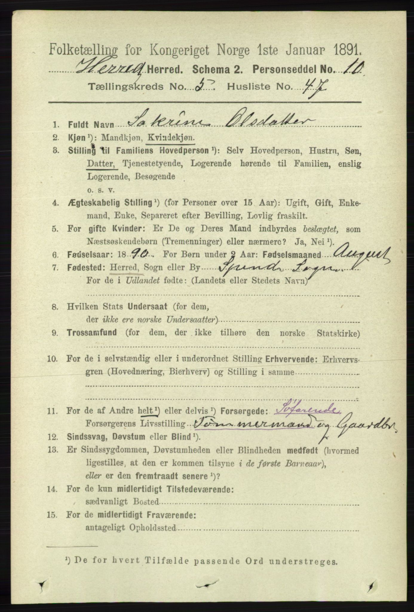 RA, 1891 census for 1039 Herad, 1891, p. 2068