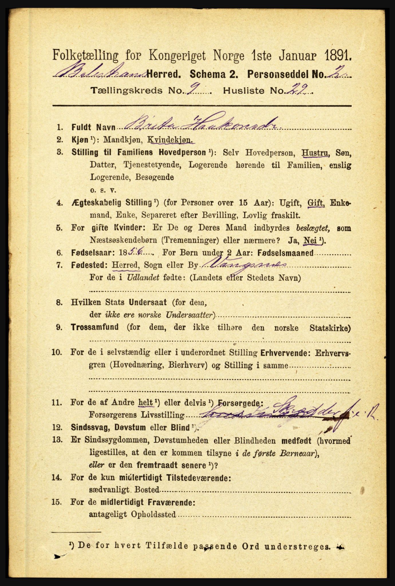 RA, 1891 census for 1418 Balestrand, 1891, p. 2216