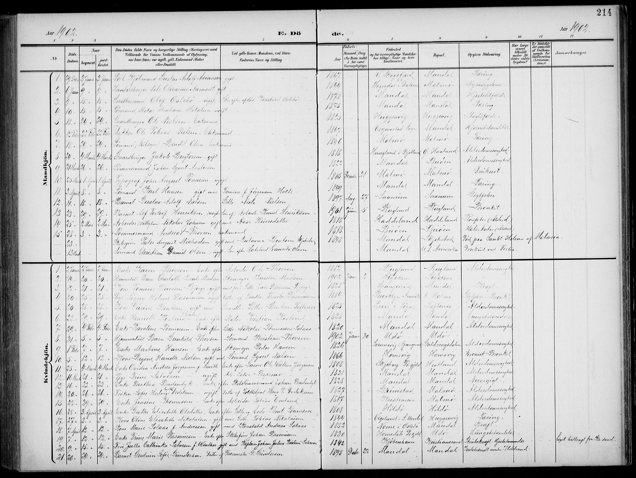 Mandal sokneprestkontor, AV/SAK-1111-0030/F/Fb/Fba/L0012: Parish register (copy) no. B 6, 1899-1918, p. 214