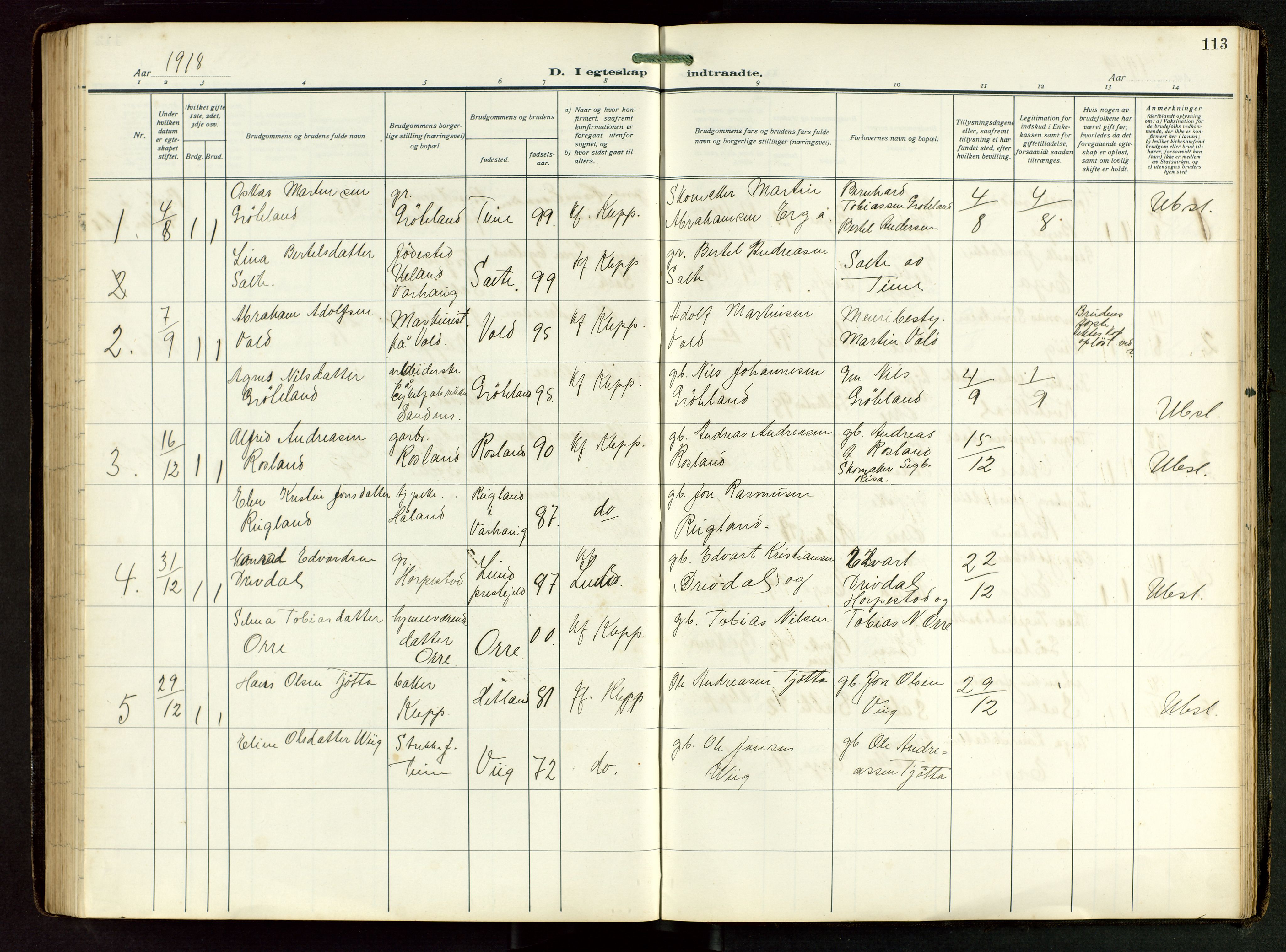 Klepp sokneprestkontor, SAST/A-101803/001/3/30BB/L0008: Parish register (copy) no. B 8, 1918-1949, p. 113