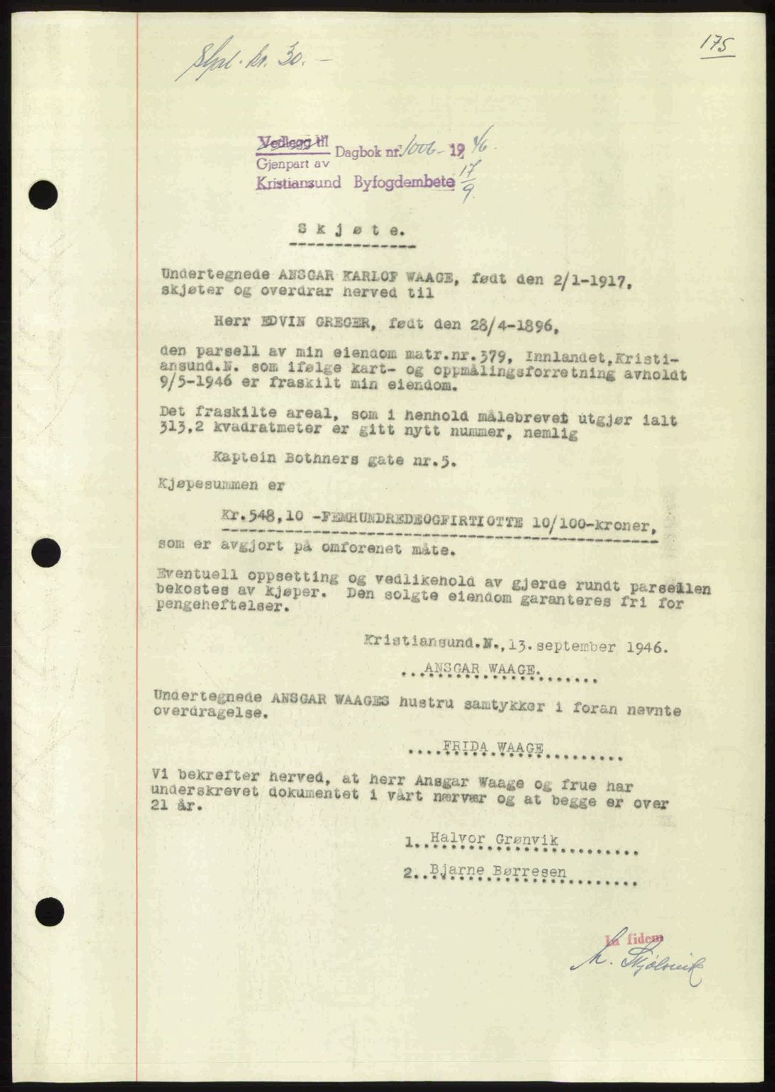 Kristiansund byfogd, AV/SAT-A-4587/A/27: Mortgage book no. 39b, 1946-1947, Diary no: : 1006/1946