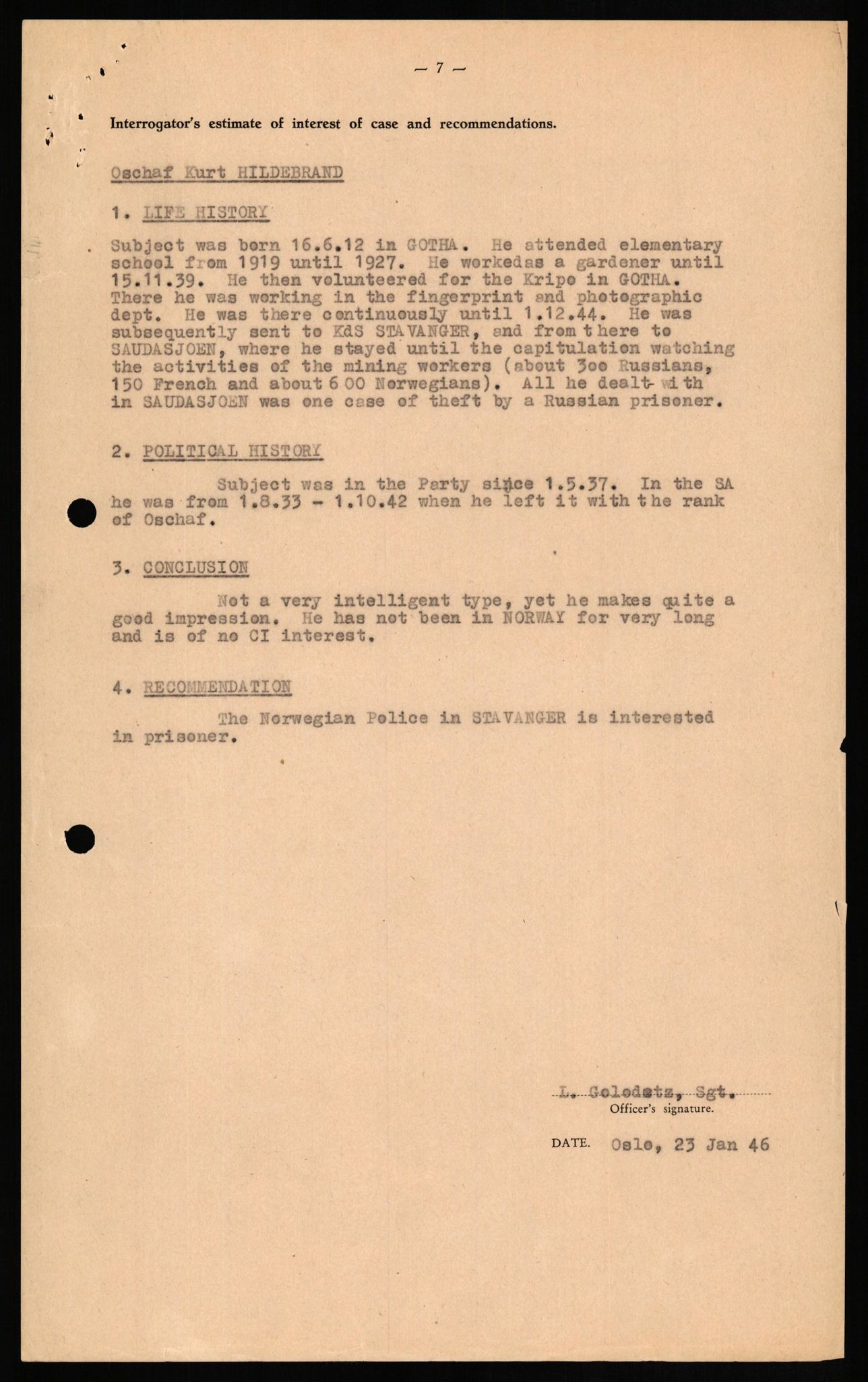 Forsvaret, Forsvarets overkommando II, RA/RAFA-3915/D/Db/L0013: CI Questionaires. Tyske okkupasjonsstyrker i Norge. Tyskere., 1945-1946, p. 197