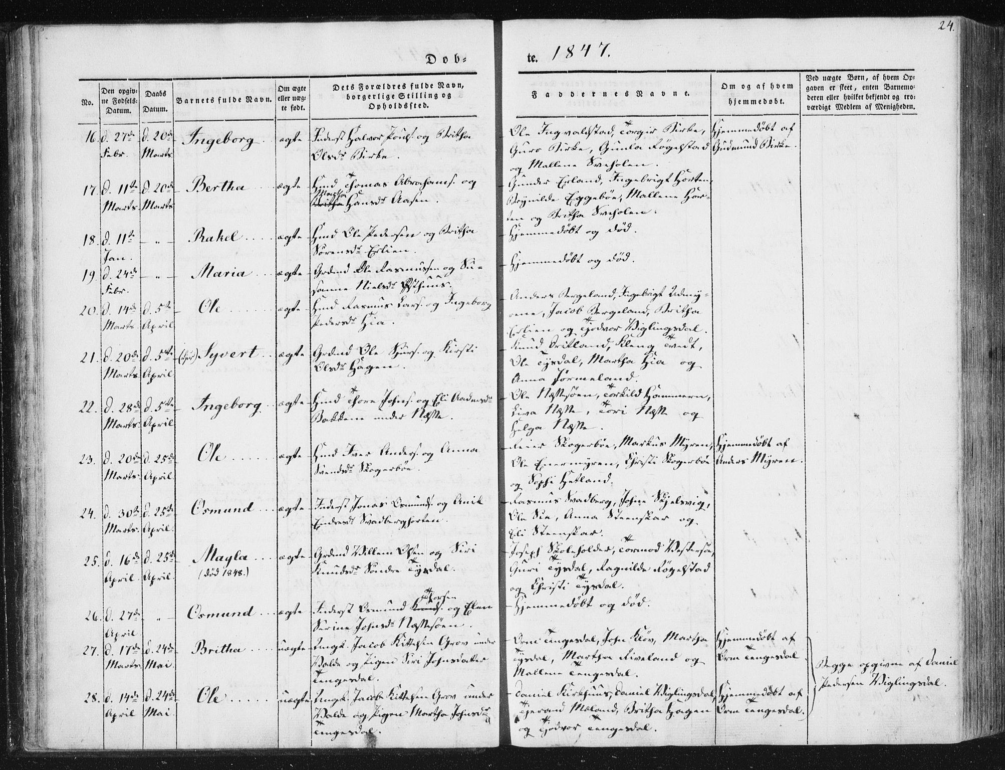 Hjelmeland sokneprestkontor, SAST/A-101843/01/IV/L0008: Parish register (official) no. A 8, 1842-1861, p. 24