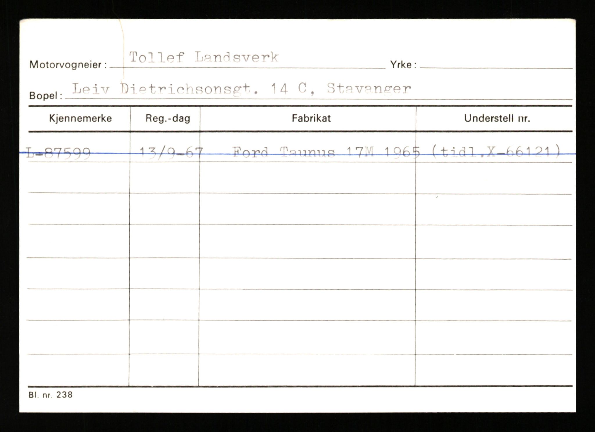 Stavanger trafikkstasjon, AV/SAST-A-101942/0/H/L0022: Landsverk - Laxau, 1930-1971, p. 1