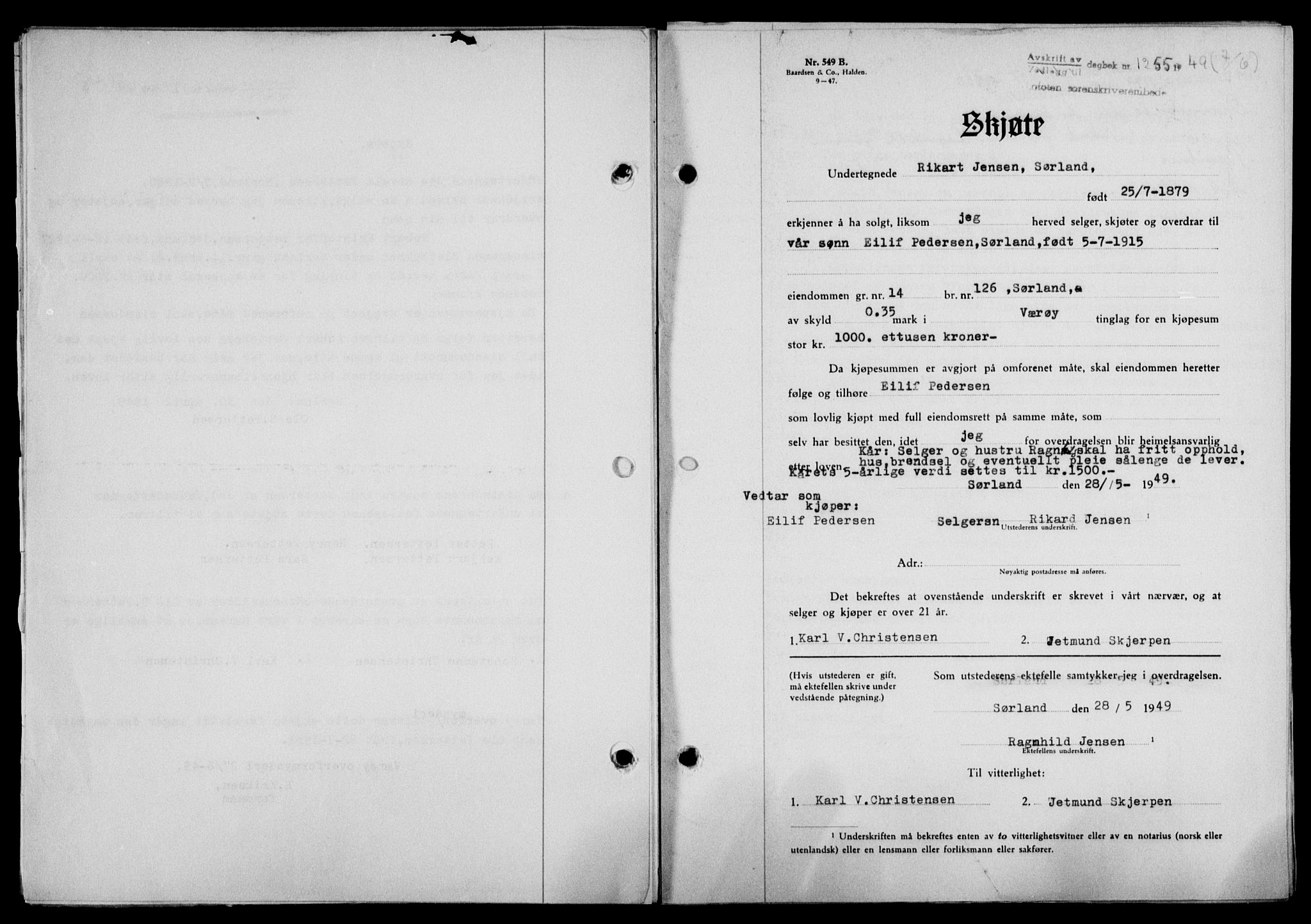 Lofoten sorenskriveri, SAT/A-0017/1/2/2C/L0021a: Mortgage book no. 21a, 1949-1949, Diary no: : 1255/1949
