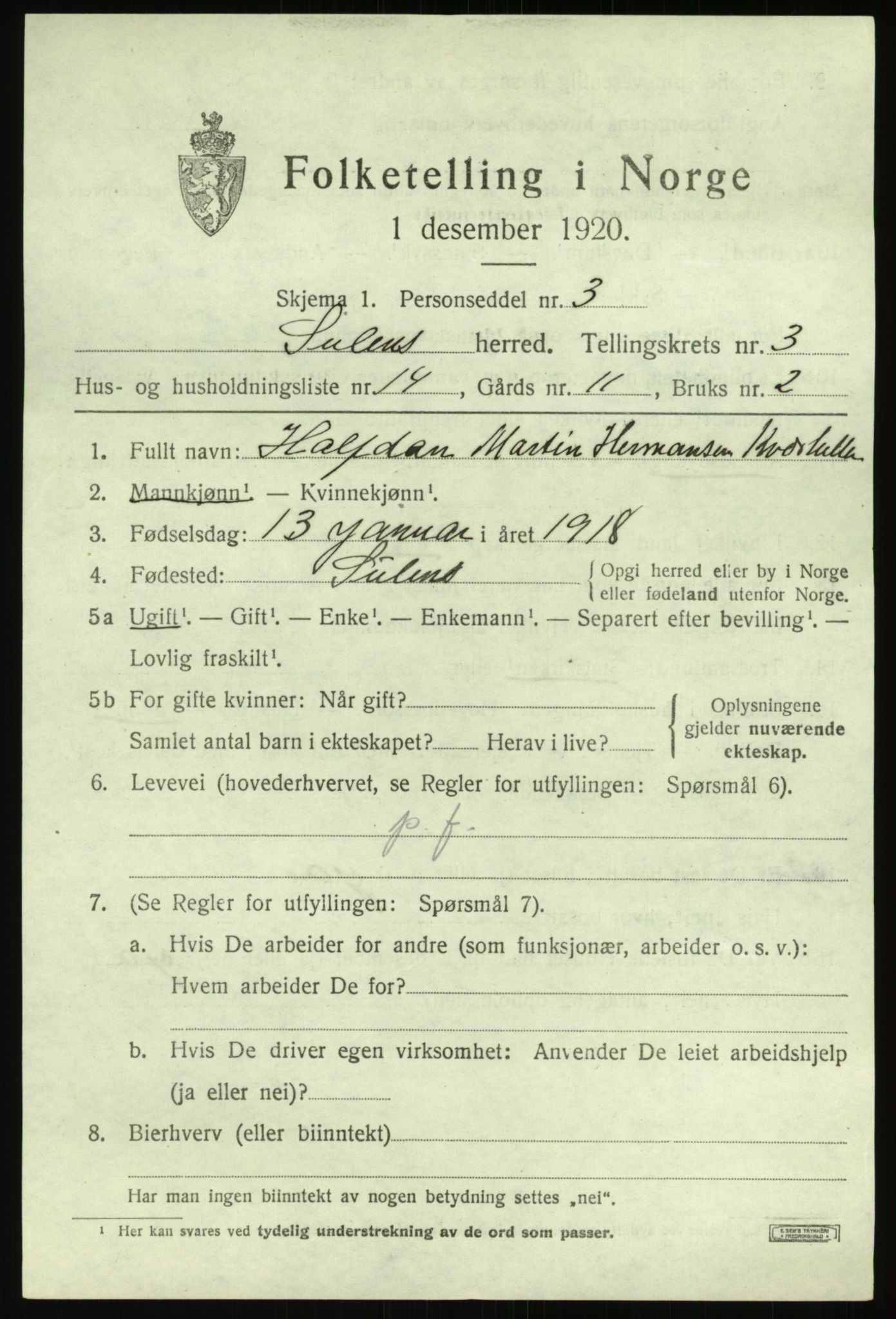 SAB, 1920 census for Solund, 1920, p. 1746