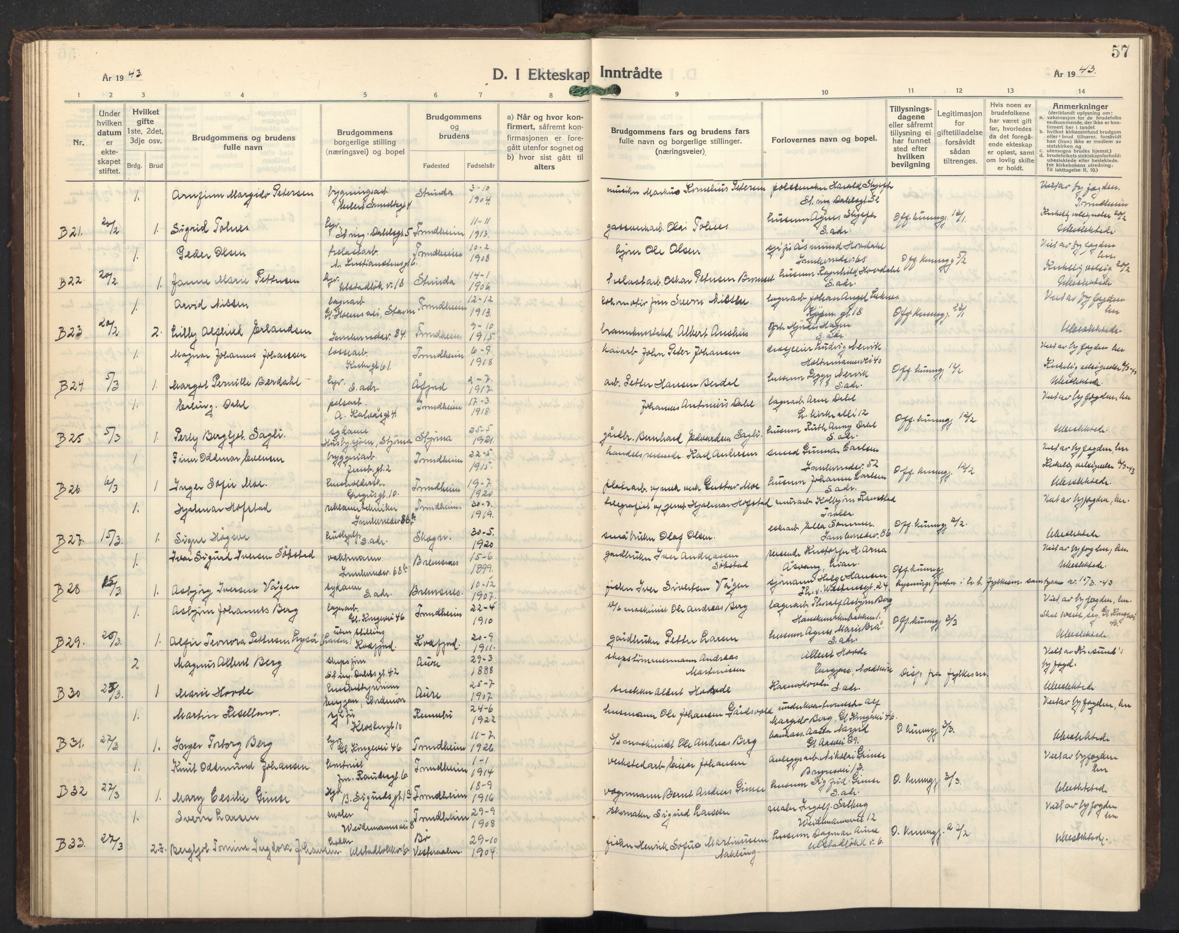 Ministerialprotokoller, klokkerbøker og fødselsregistre - Sør-Trøndelag, AV/SAT-A-1456/605/L0263: Parish register (copy) no. 605C10, 1938-1949, p. 57