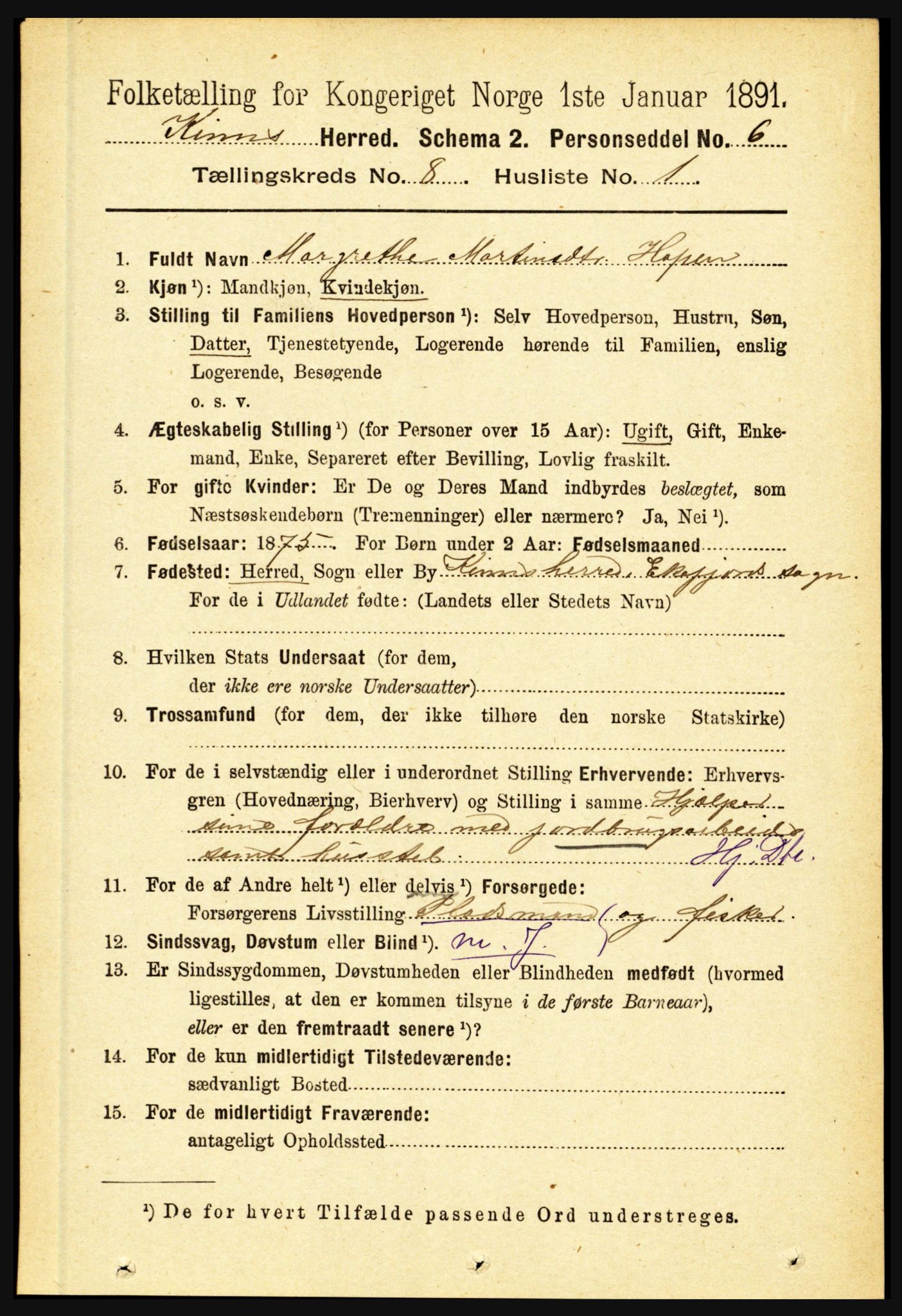 RA, 1891 census for 1437 Kinn, 1891, p. 3111