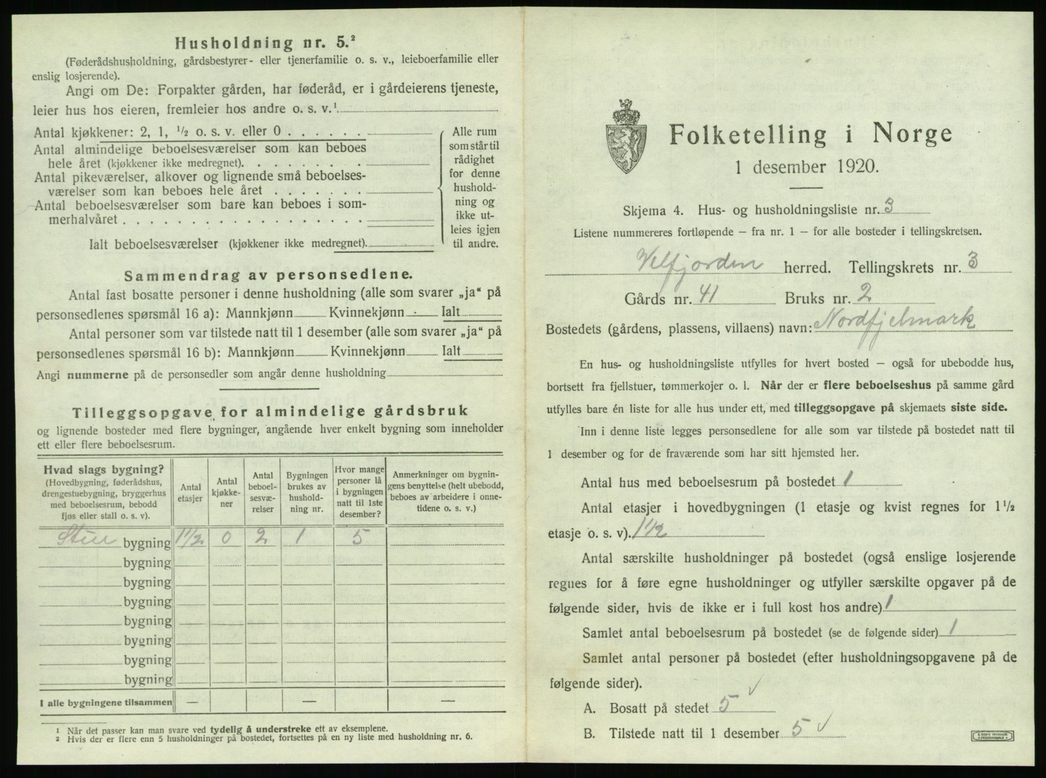 SAT, 1920 census for Velfjord, 1920, p. 327