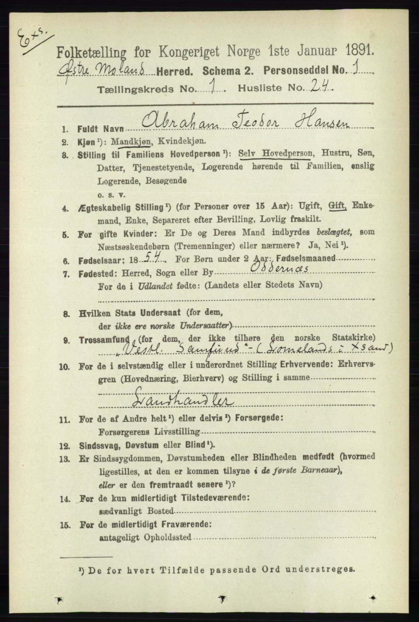 RA, Census 1891 for Nedenes amt: Gjenparter av personsedler for beslektede ektefeller, menn, 1891, p. 464