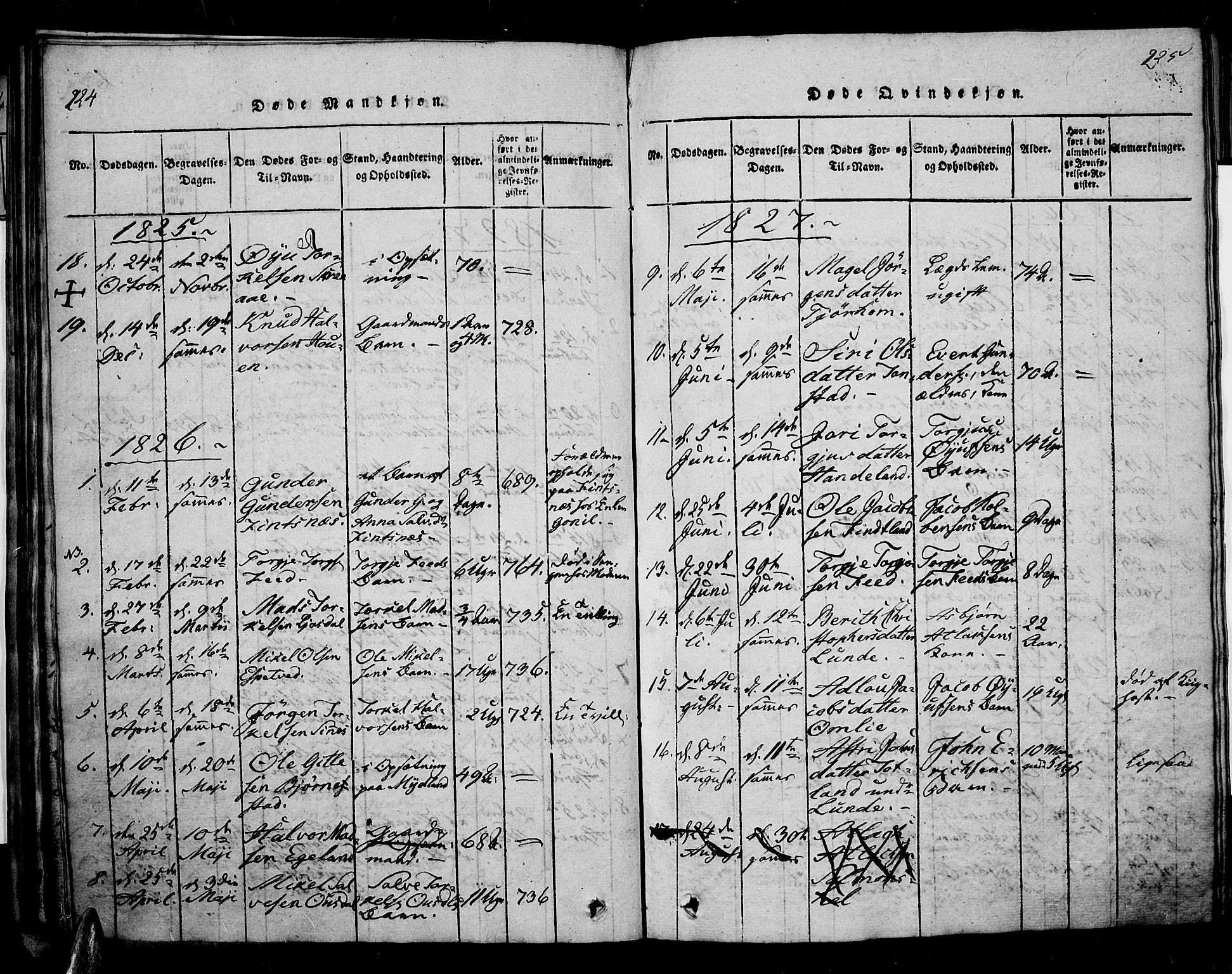Sirdal sokneprestkontor, SAK/1111-0036/F/Fa/Fab/L0001: Parish register (official) no. A 1, 1815-1834, p. 224-225
