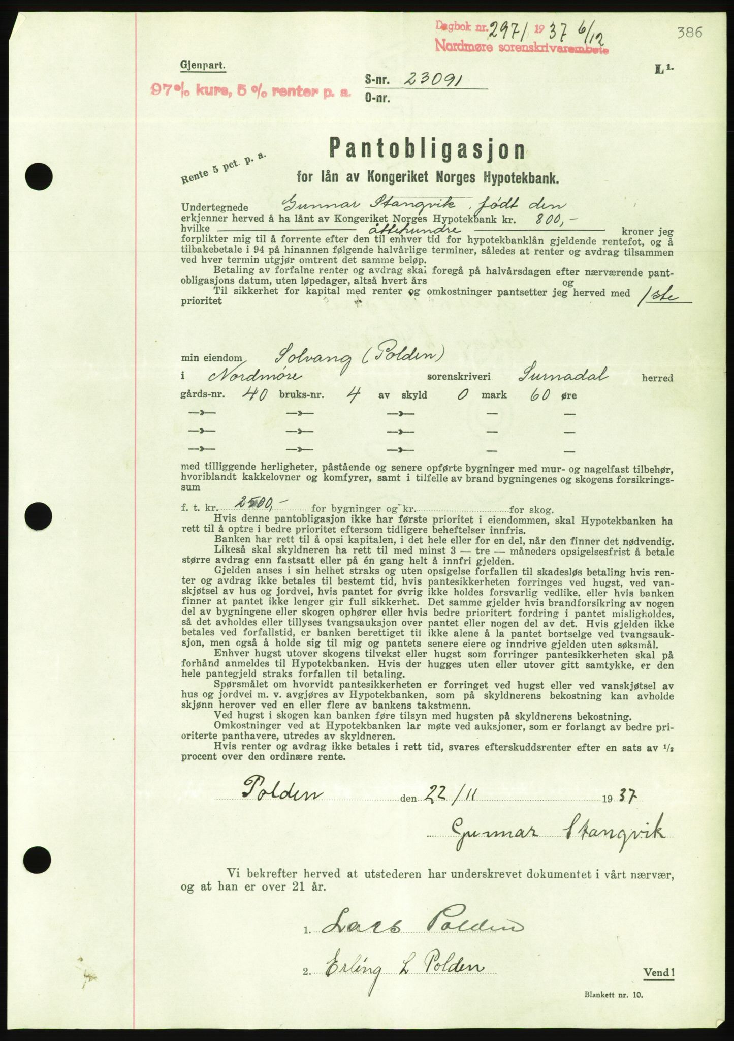 Nordmøre sorenskriveri, AV/SAT-A-4132/1/2/2Ca/L0092: Mortgage book no. B82, 1937-1938, Diary no: : 2971/1937