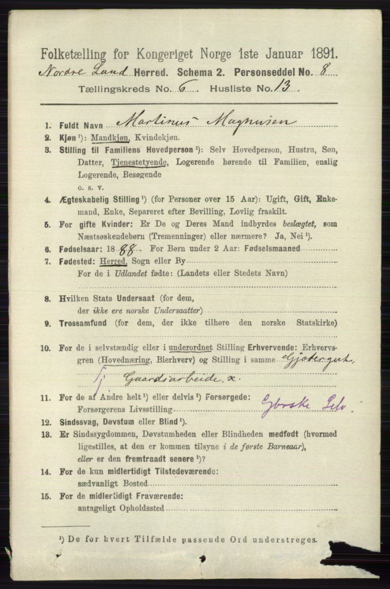 RA, 1891 census for 0538 Nordre Land, 1891, p. 1887