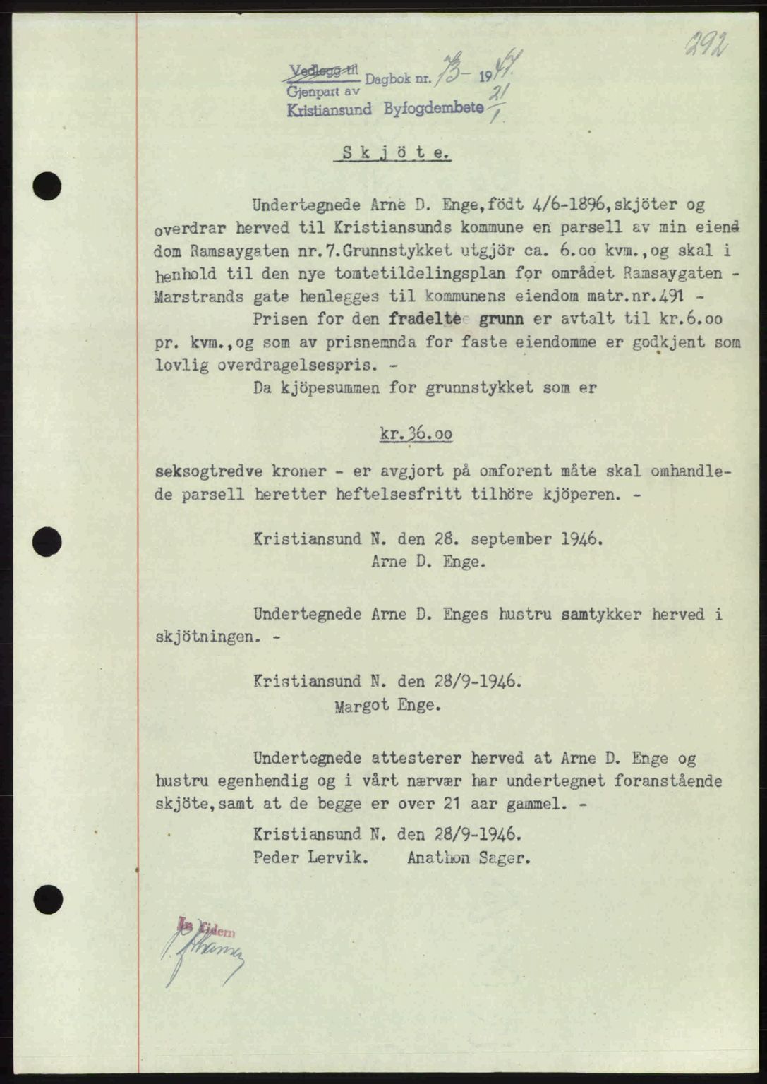 Kristiansund byfogd, AV/SAT-A-4587/A/27: Mortgage book no. 39b, 1946-1947, Diary no: : 73/1947