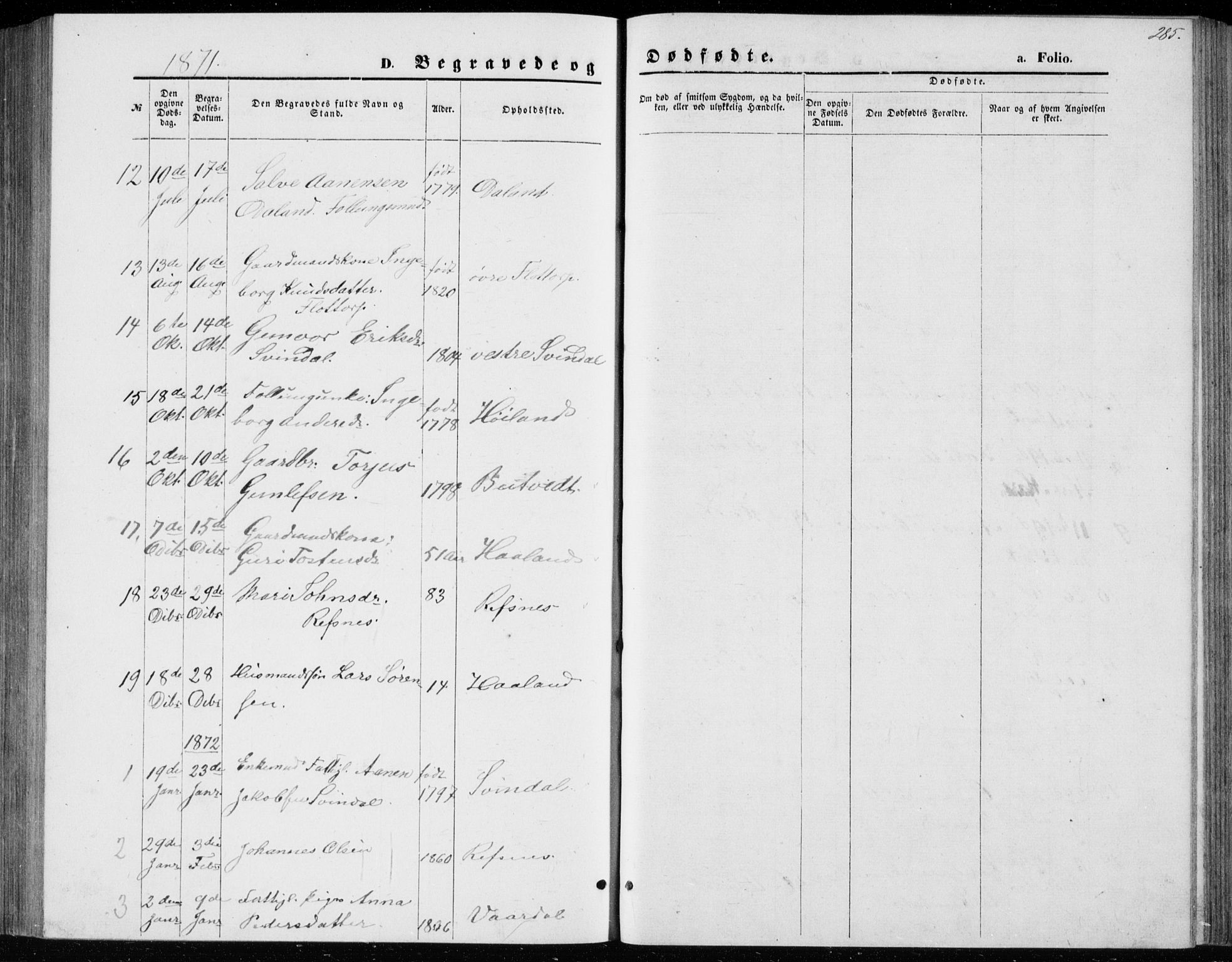 Bjelland sokneprestkontor, SAK/1111-0005/F/Fb/Fbc/L0002: Parish register (copy) no. B 2, 1867-1887, p. 285