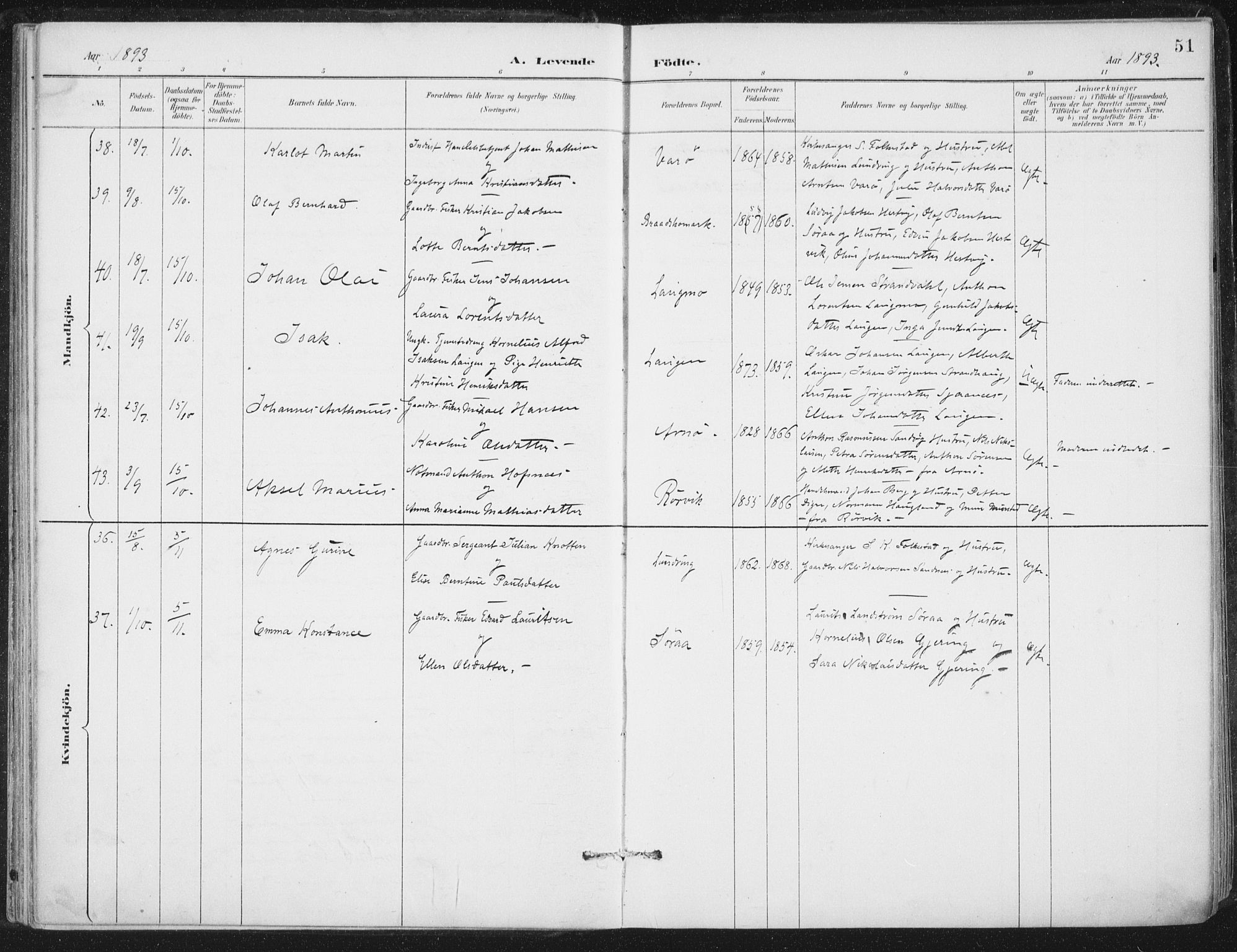 Ministerialprotokoller, klokkerbøker og fødselsregistre - Nord-Trøndelag, AV/SAT-A-1458/784/L0673: Parish register (official) no. 784A08, 1888-1899, p. 51