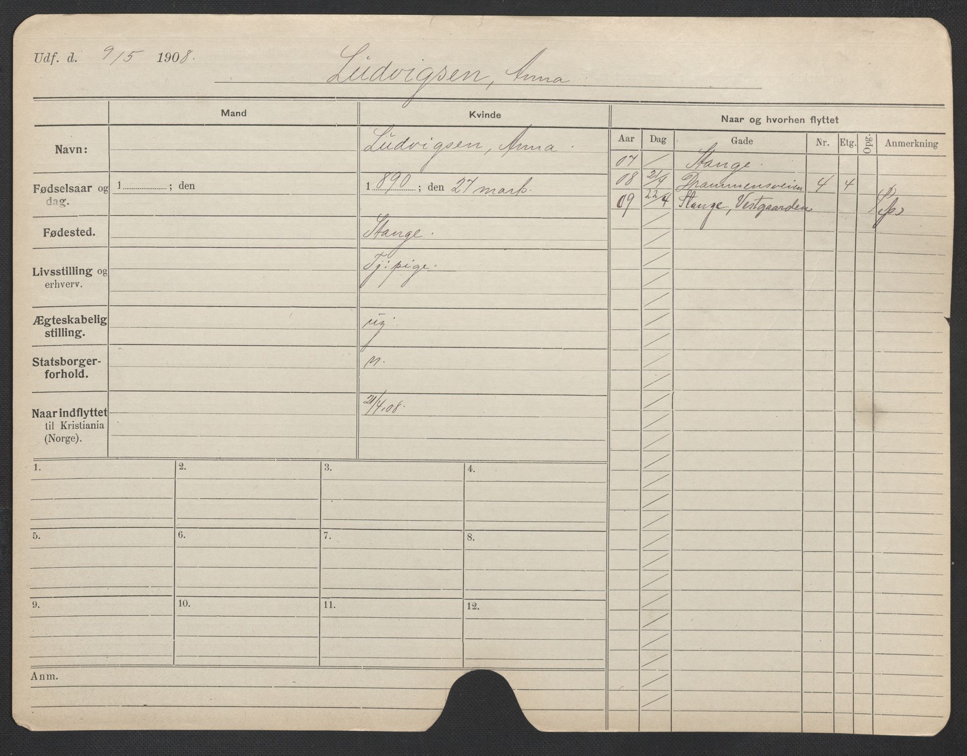 Oslo folkeregister, Registerkort, AV/SAO-A-11715/F/Fa/Fac/L0020: Kvinner, 1906-1914, p. 229a