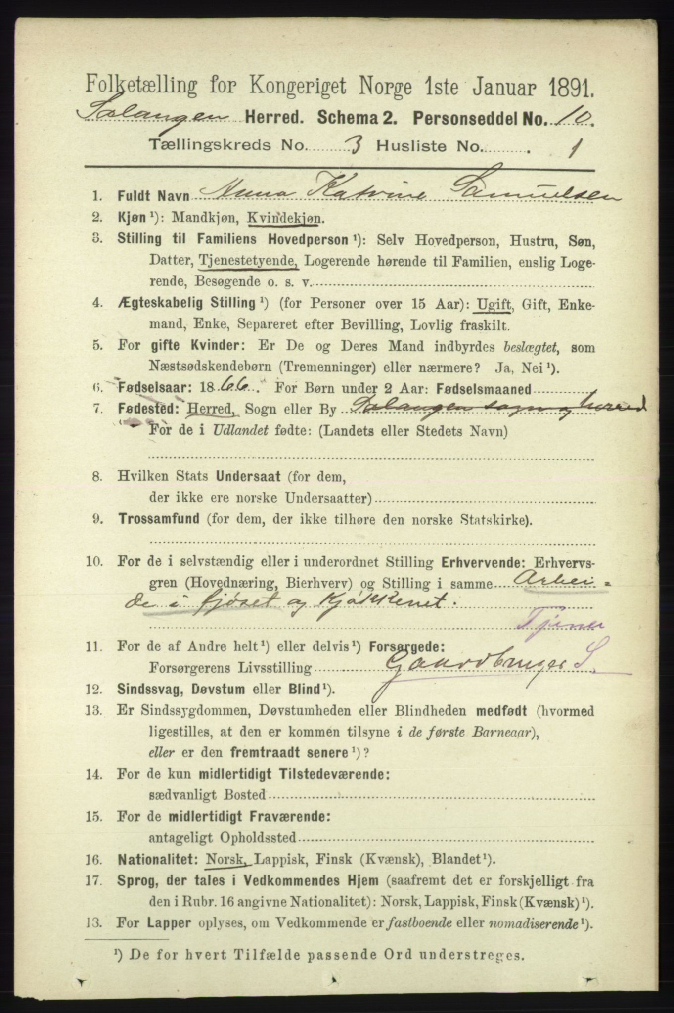 RA, 1891 census for 1921 Salangen, 1891, p. 1238