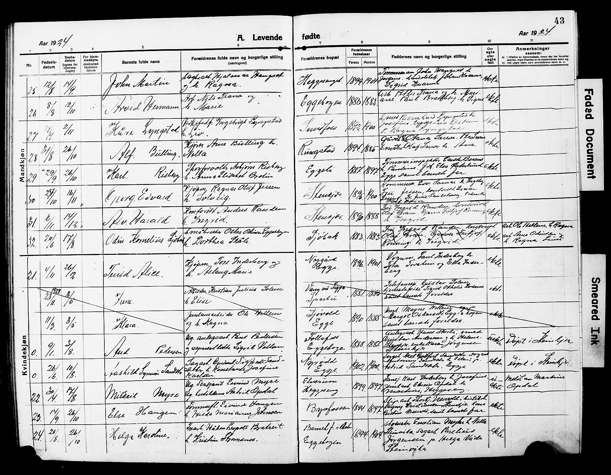 Ministerialprotokoller, klokkerbøker og fødselsregistre - Nord-Trøndelag, SAT/A-1458/740/L0382: Parish register (copy) no. 740C03, 1915-1927, p. 43