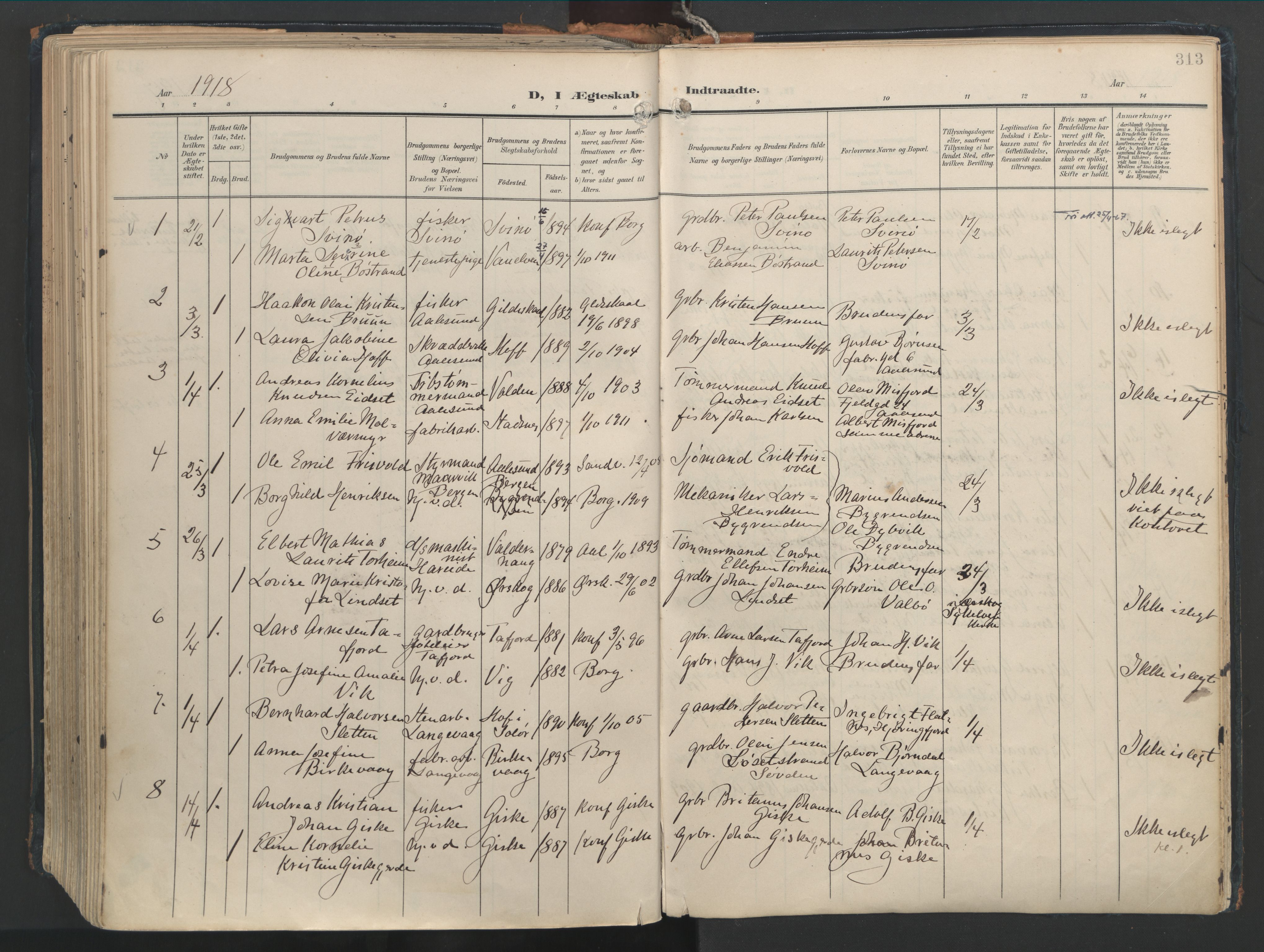 Ministerialprotokoller, klokkerbøker og fødselsregistre - Møre og Romsdal, SAT/A-1454/528/L0411: Parish register (official) no. 528A20, 1907-1920, p. 313