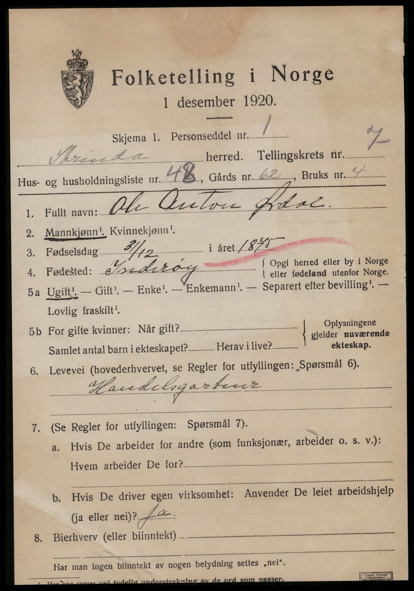 SAT, 1920 census for Strinda, 1920, p. 18706