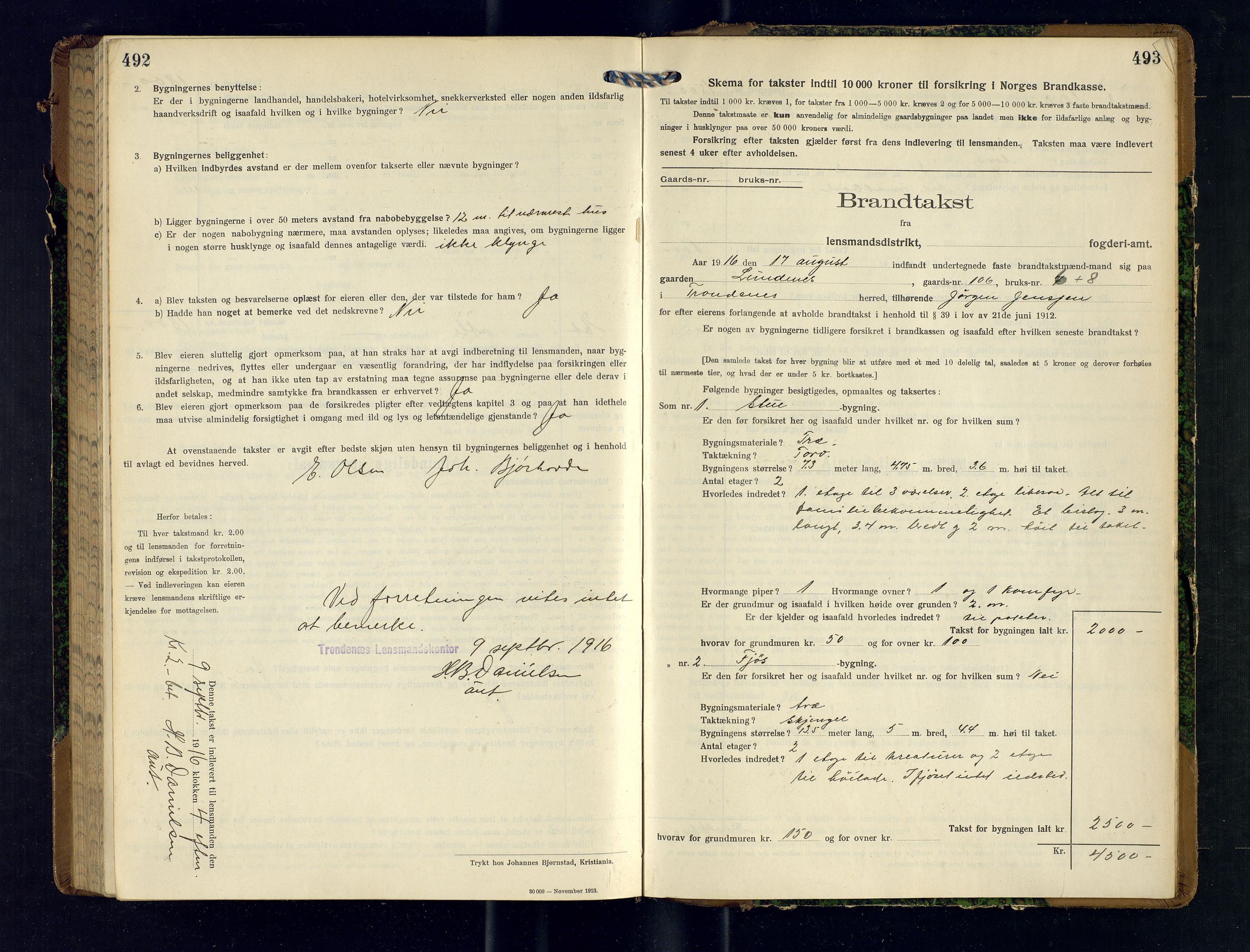 Harstad lensmannskontor, SATØ/SATØ-10/F/Fr/Fra/L0606: Branntakstprotokoll (S). Merket U. Med register, 1914-1916, p. 492-493