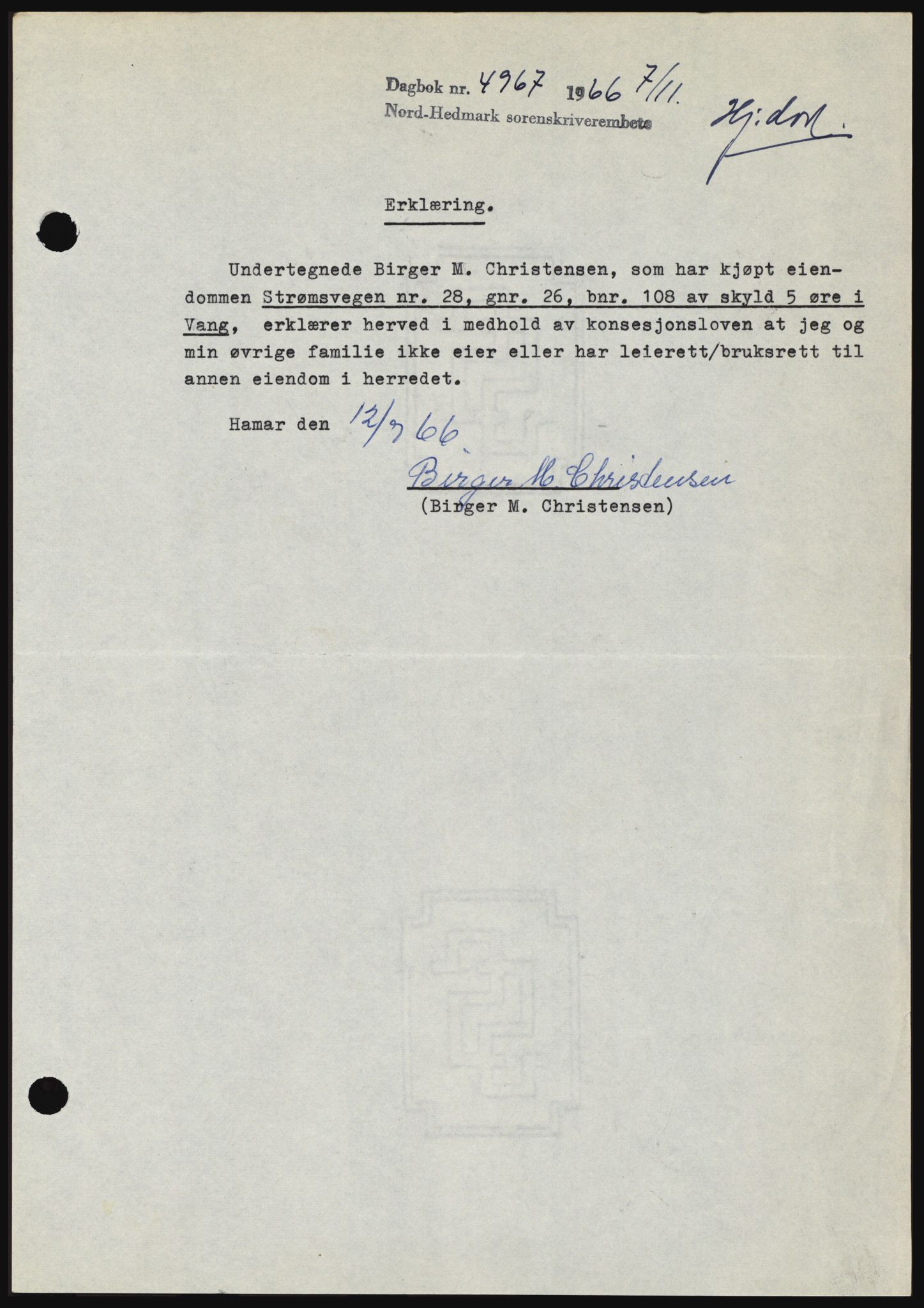 Nord-Hedmark sorenskriveri, SAH/TING-012/H/Hc/L0024: Mortgage book no. 24, 1966-1966, Diary no: : 4967/1966