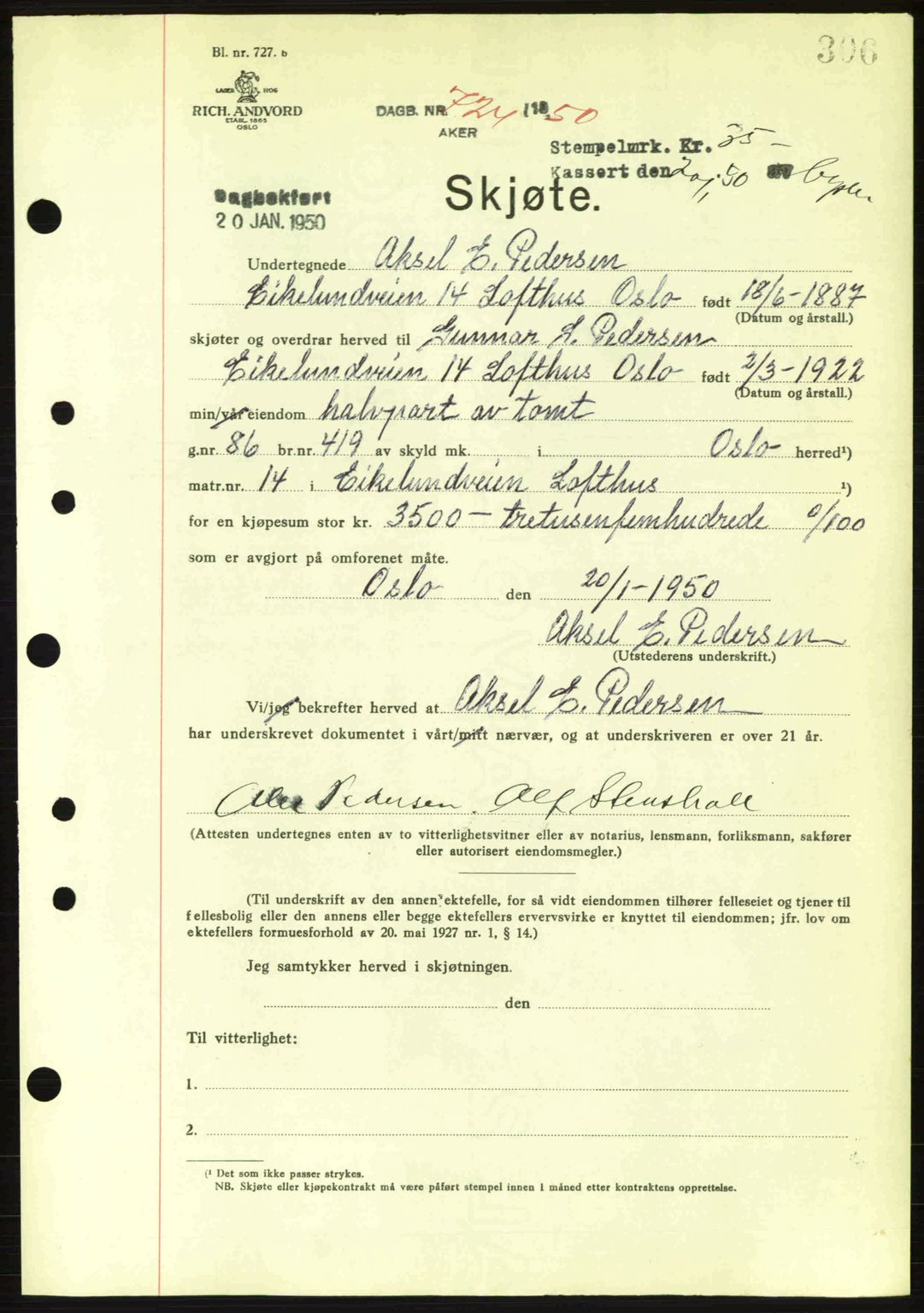 Oslo byskriverembete, AV/SAO-A-10227/G/Gb/Gbd/Gbda/L0017: Mortgage book no. A215, 1949-1950, Diary no: : 724/1950