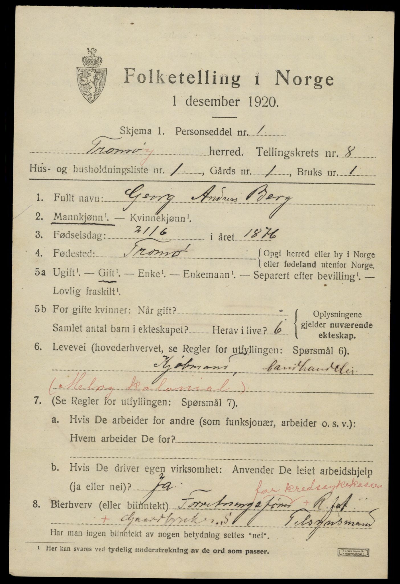 SAK, 1920 census for Tromøy, 1920, p. 5357