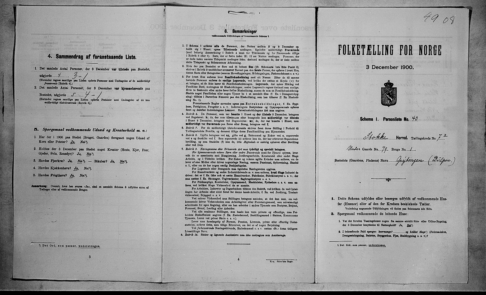 RA, 1900 census for Stokke, 1900, p. 1254