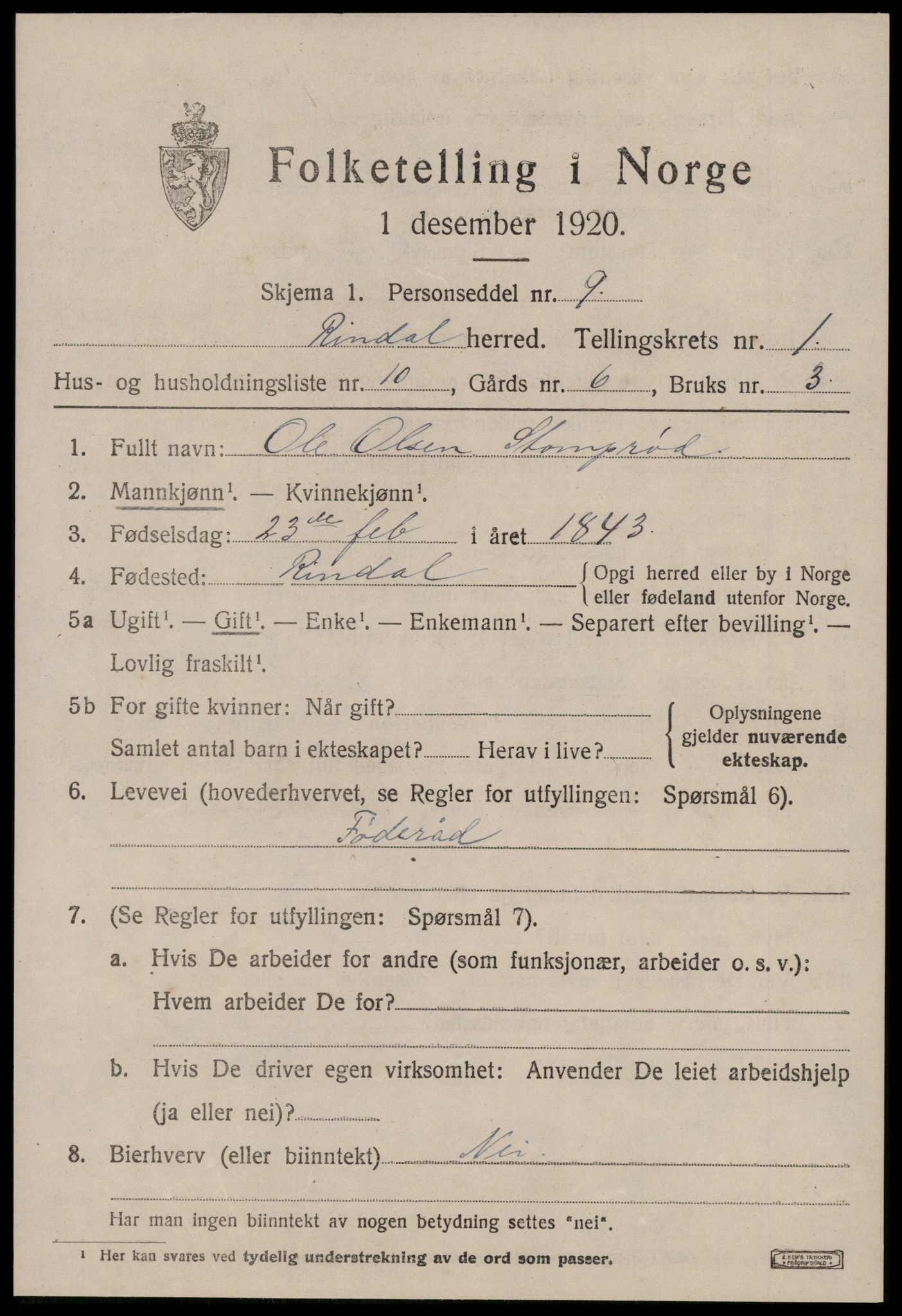 SAT, 1920 census for Rindal, 1920, p. 968