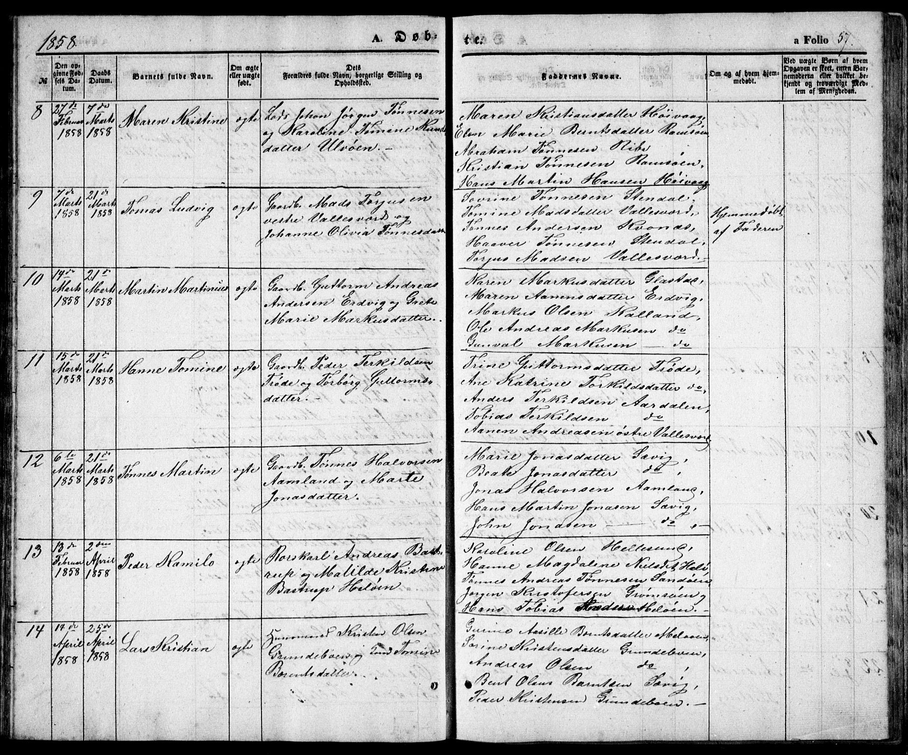Høvåg sokneprestkontor, SAK/1111-0025/F/Fb/L0002: Parish register (copy) no. B 2, 1847-1869, p. 57