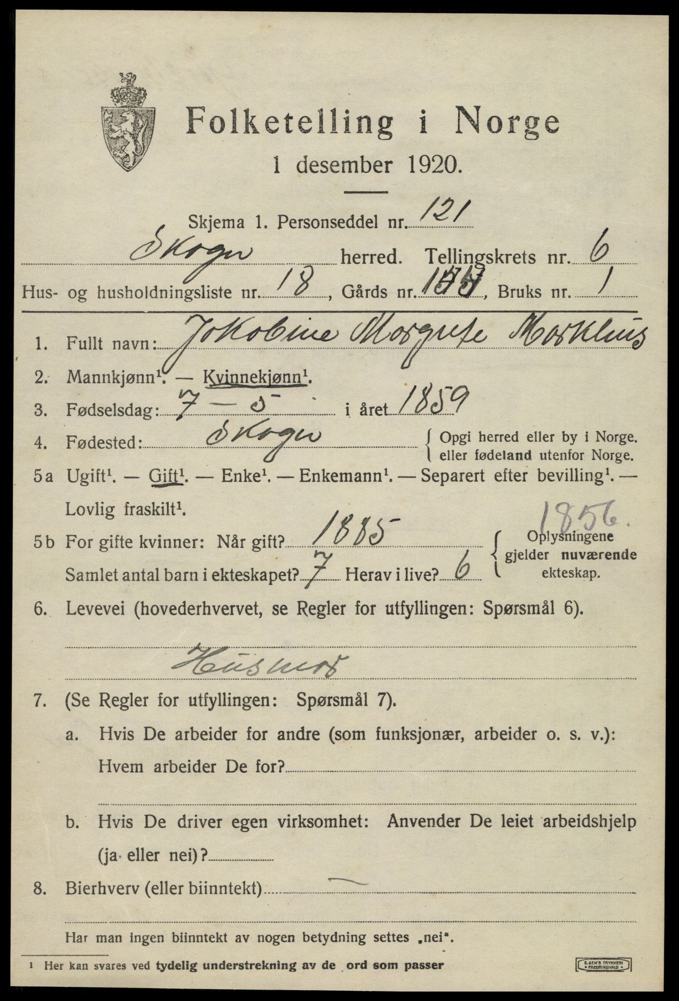 SAT, 1920 census for Skogn, 1920, p. 7645