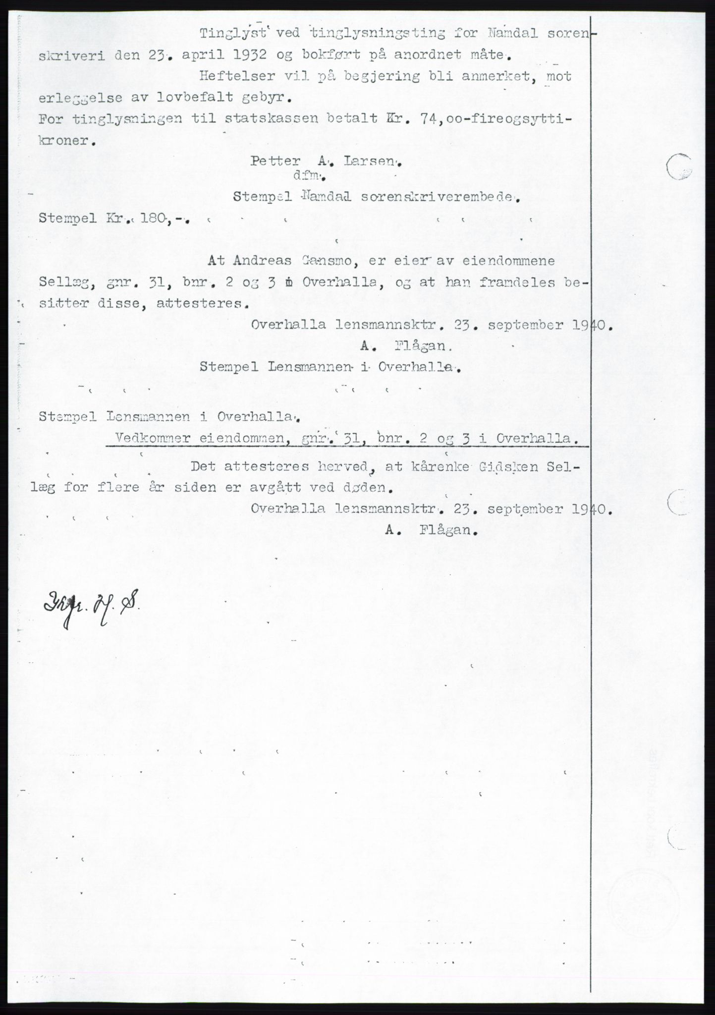 Namdal sorenskriveri, SAT/A-4133/1/2/2C: Mortgage book no. -, 1940-1941, Deed date: 25.09.1940