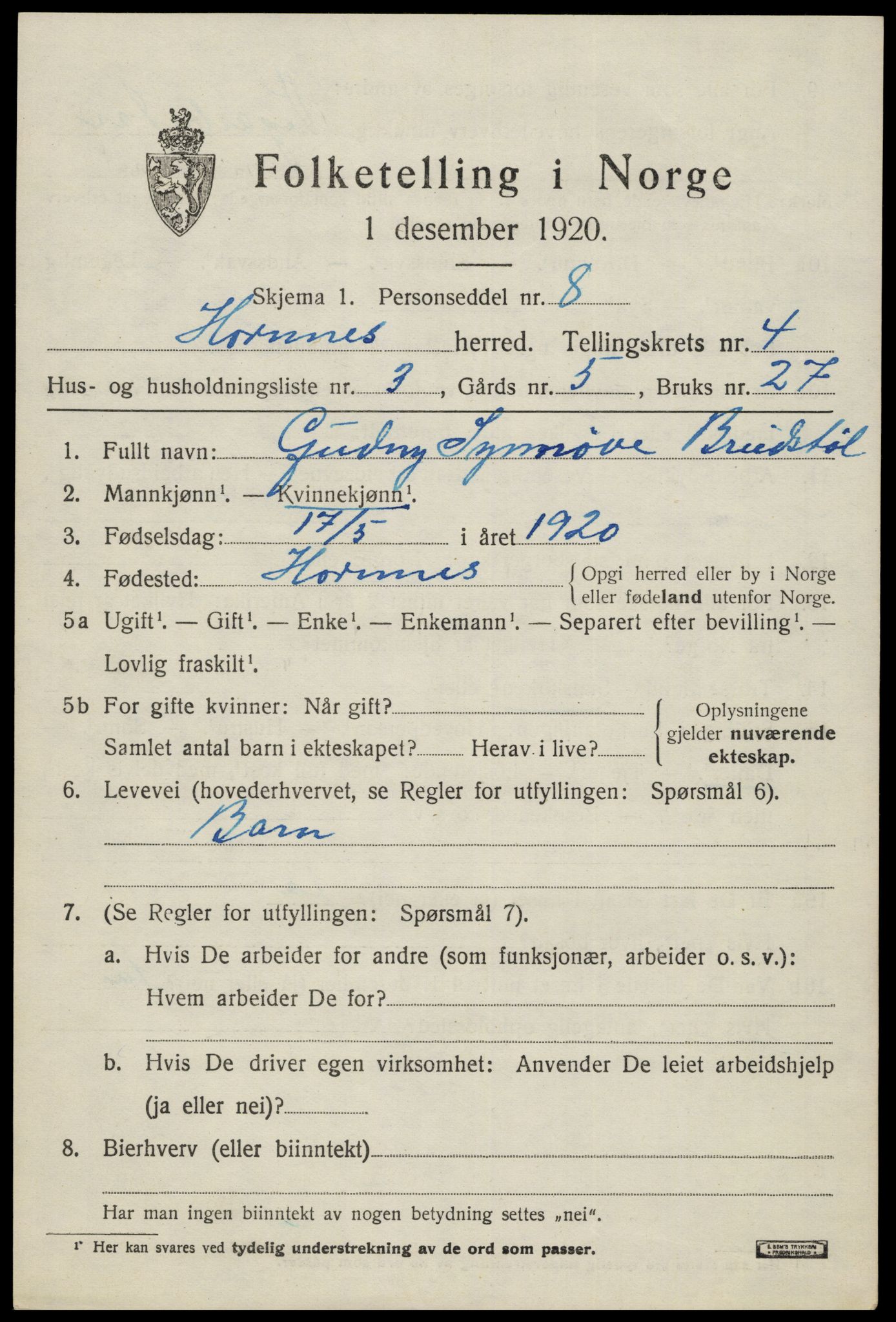 SAK, 1920 census for Hornnes, 1920, p. 1171