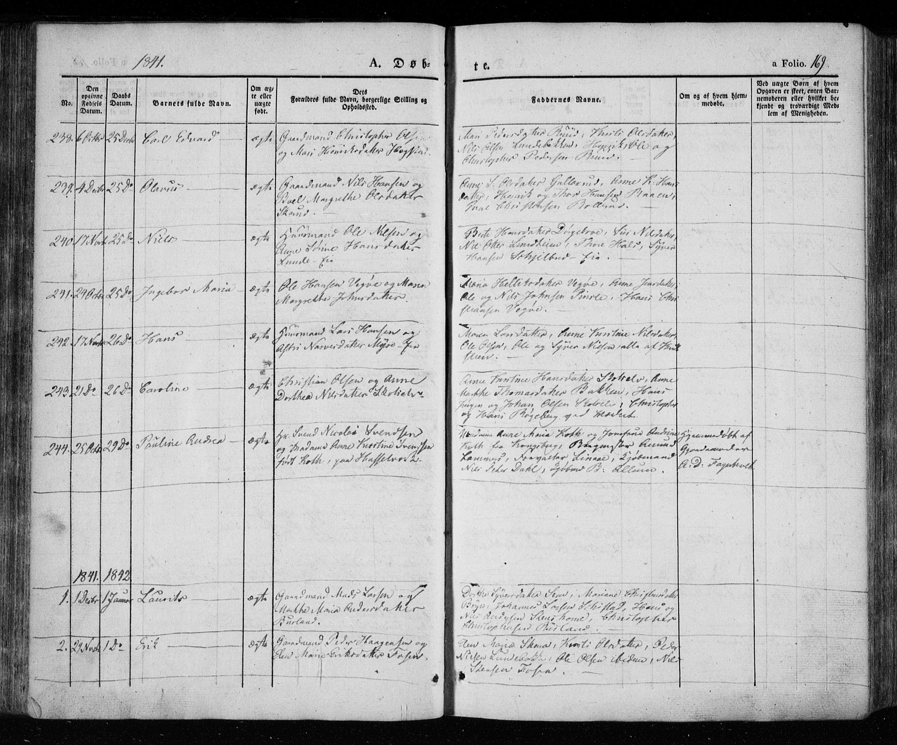 Eiker kirkebøker, SAKO/A-4/F/Fa/L0013a: Parish register (official) no. I 13A, 1832-1845, p. 169