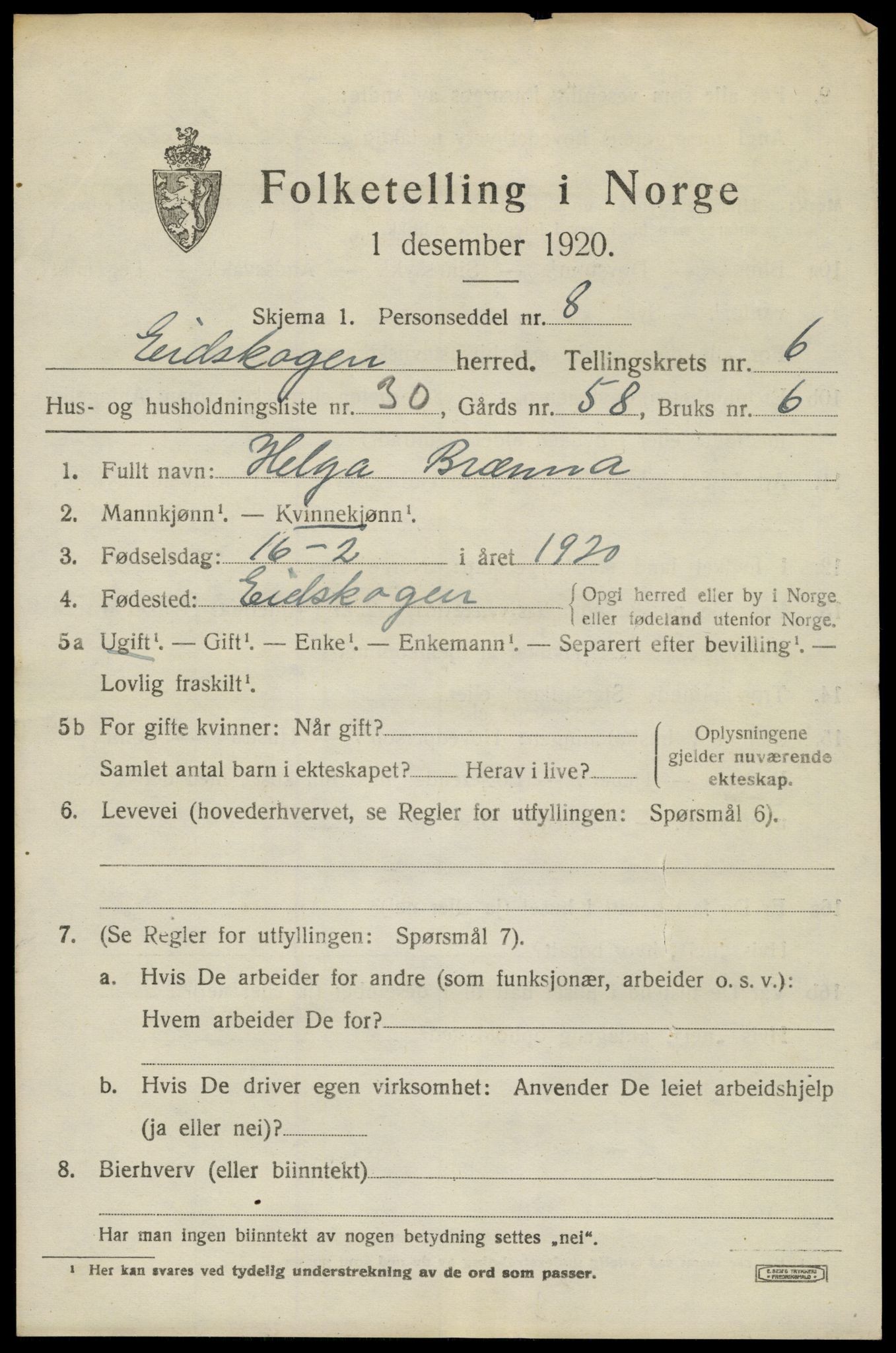 SAH, 1920 census for Eidskog, 1920, p. 6737